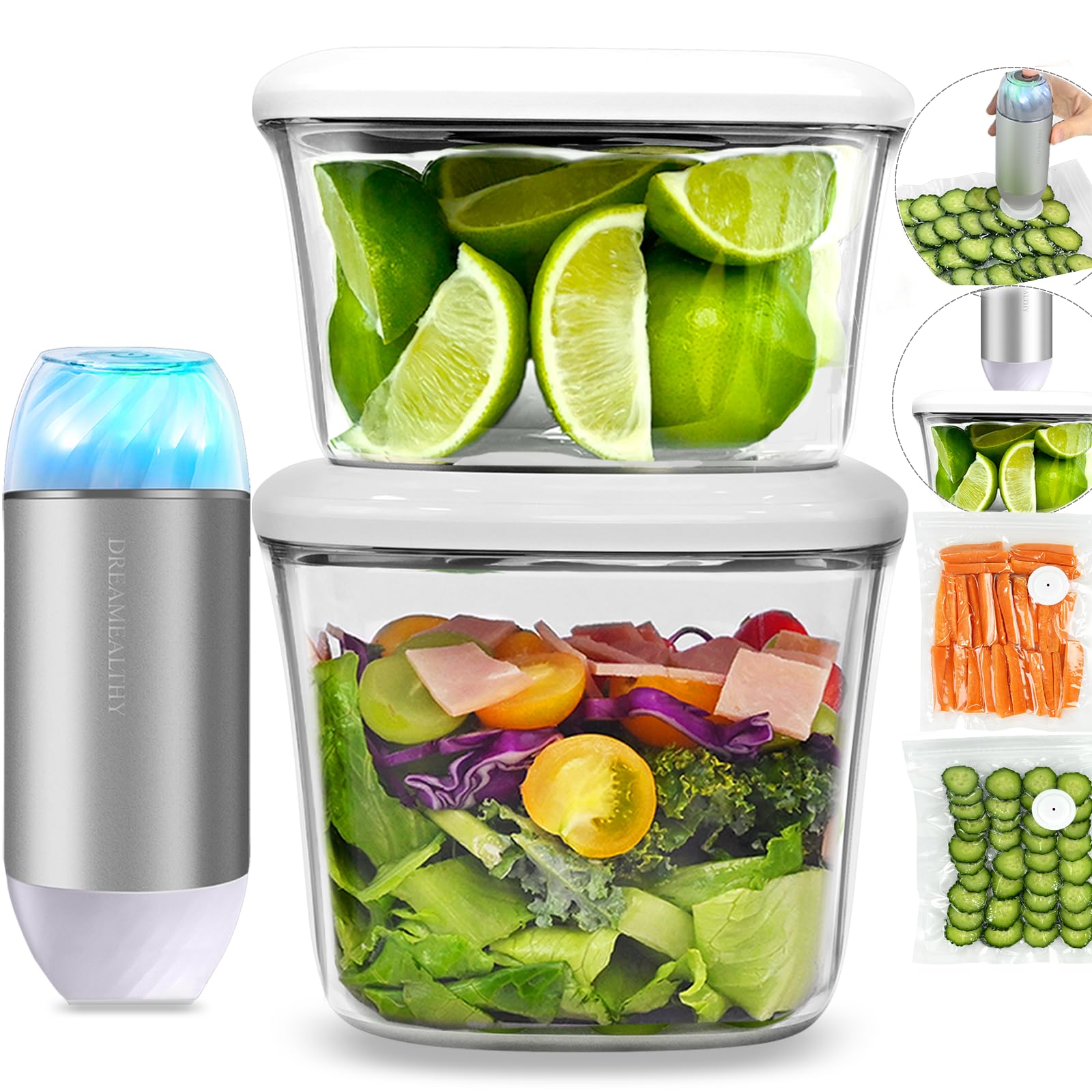 Dreamealthy Auto Vacuum Seal Containers 1L+1.5L with Compact Handheld Vacuum Sealer, 2 Vacuum Zipper Bags, One-Touch Sealing, BPA Free Tritan,