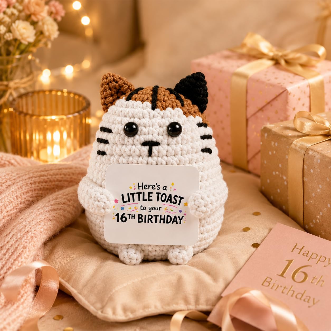 16th Birthday Gifts Girl Boys, Handmade Emotional Support Crochet Kitten 16th Birthday Decorations Keepsake, Cute 16 Year Old Gifts for Daughter Son Niece Nephew Granddaughter Grandson Friends