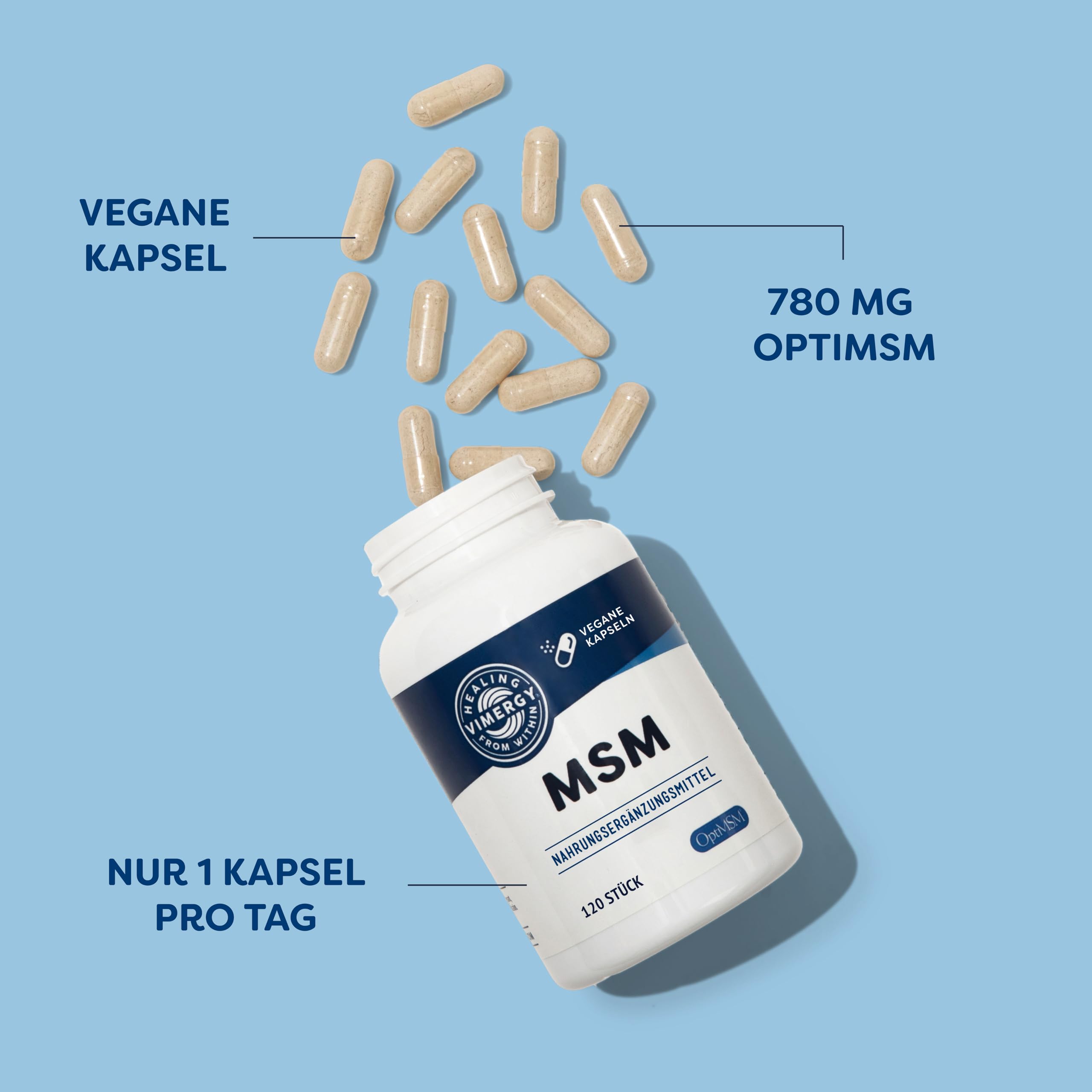 Vimergy MSM 500 mg Kapseln – MSM Kapseln mit Kalzium und Kieselsäure - Vegane Kapsel ohne Gelstoffe – Gentechnik- und Glutenfrei, keine Gelatine, Koscher (120 Stück)
