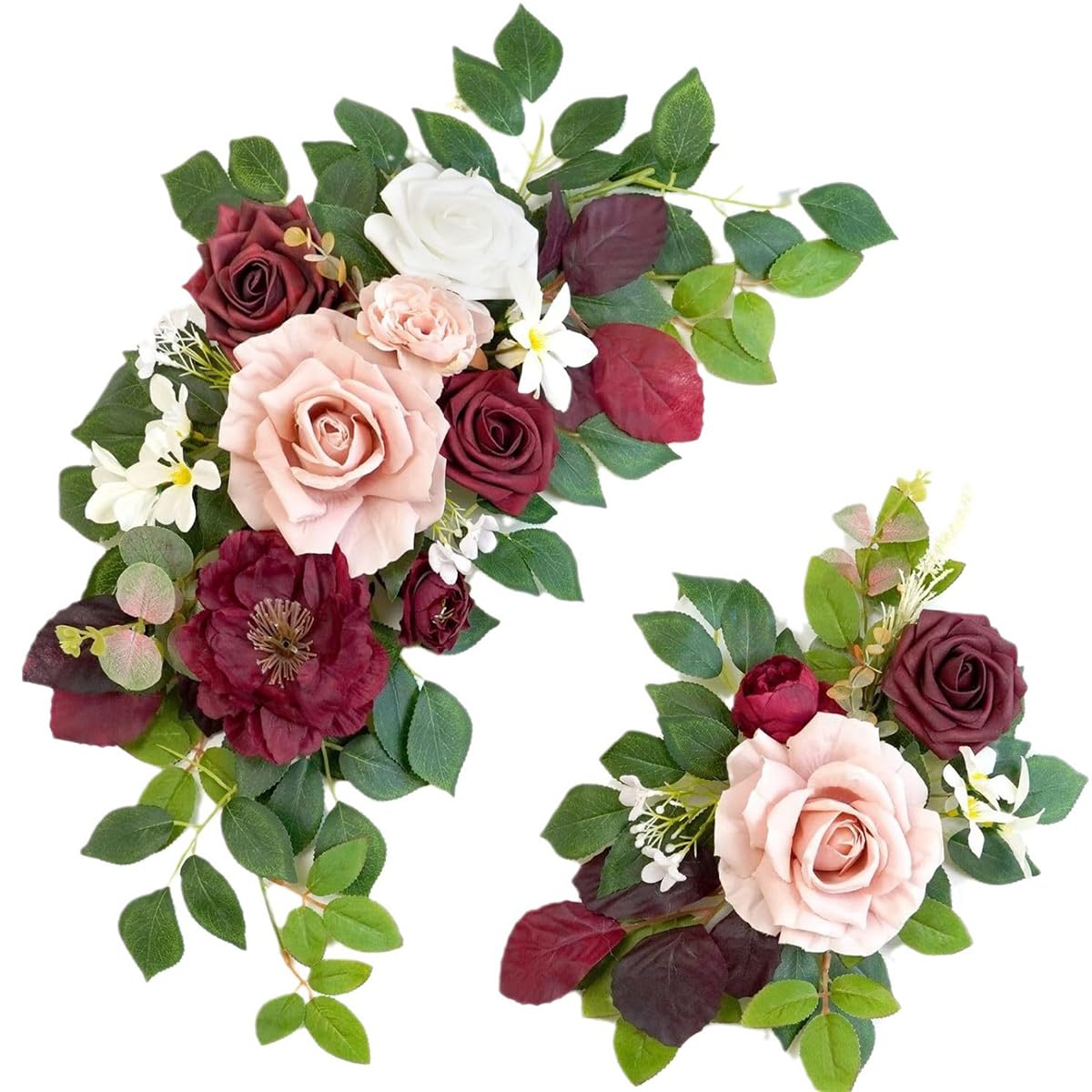JOYWU Wedding Arch Faux Flowers with Leaves,2 Pcs Wedding Welcome Signs Floral Decoration,Party Ceremony Reception Backdrop Decor,Rose Floral Arrangement,Indoor Outdoor Faux Flower Swags