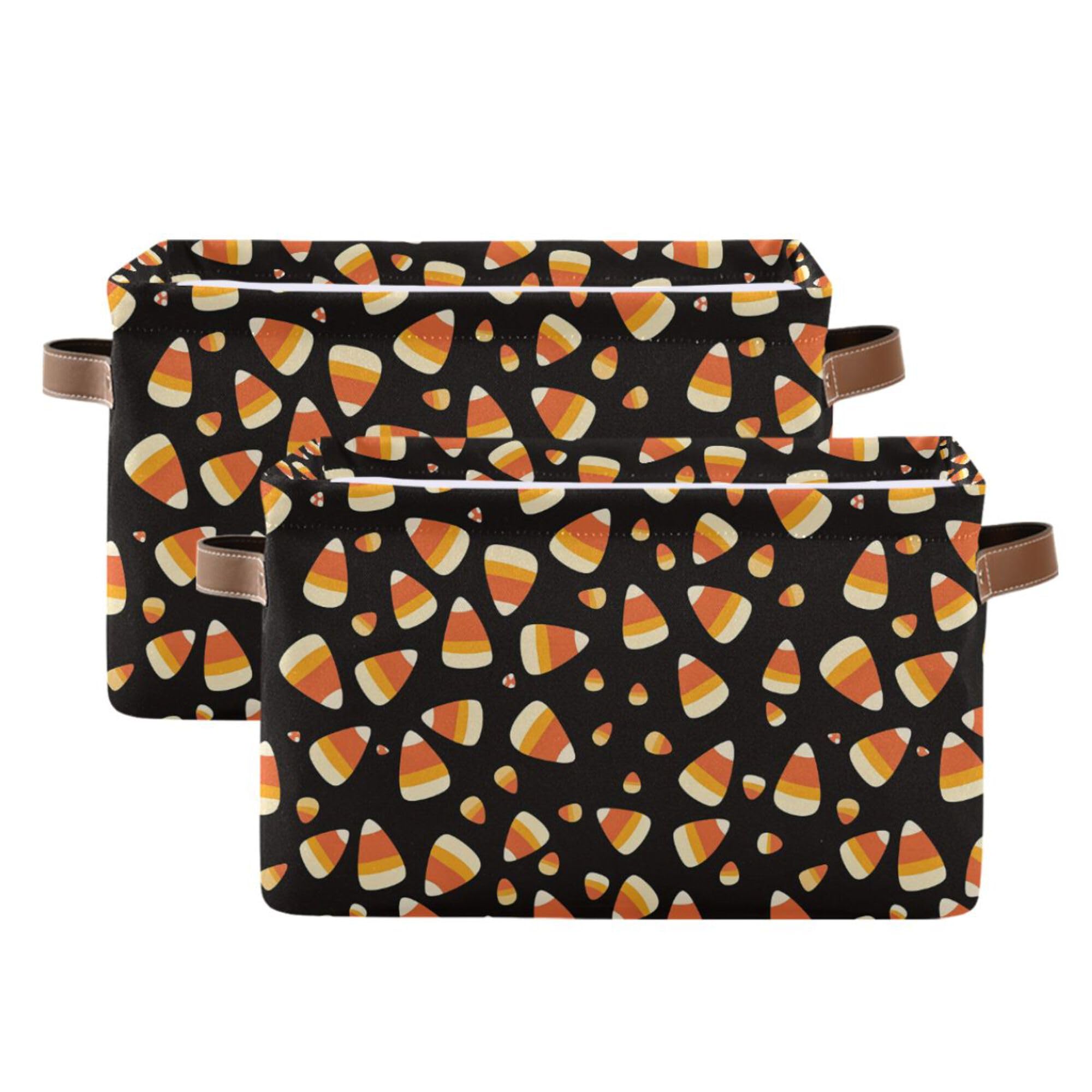 Wamika Halloween Corn Candy Storage Basket with Waterproof Liner and PU Handles Trick or Treat Black Storage Bins Boxes 14.2" Collapsible Decorative Organizer Baskets for Bedroom Closet Office 2 Pack