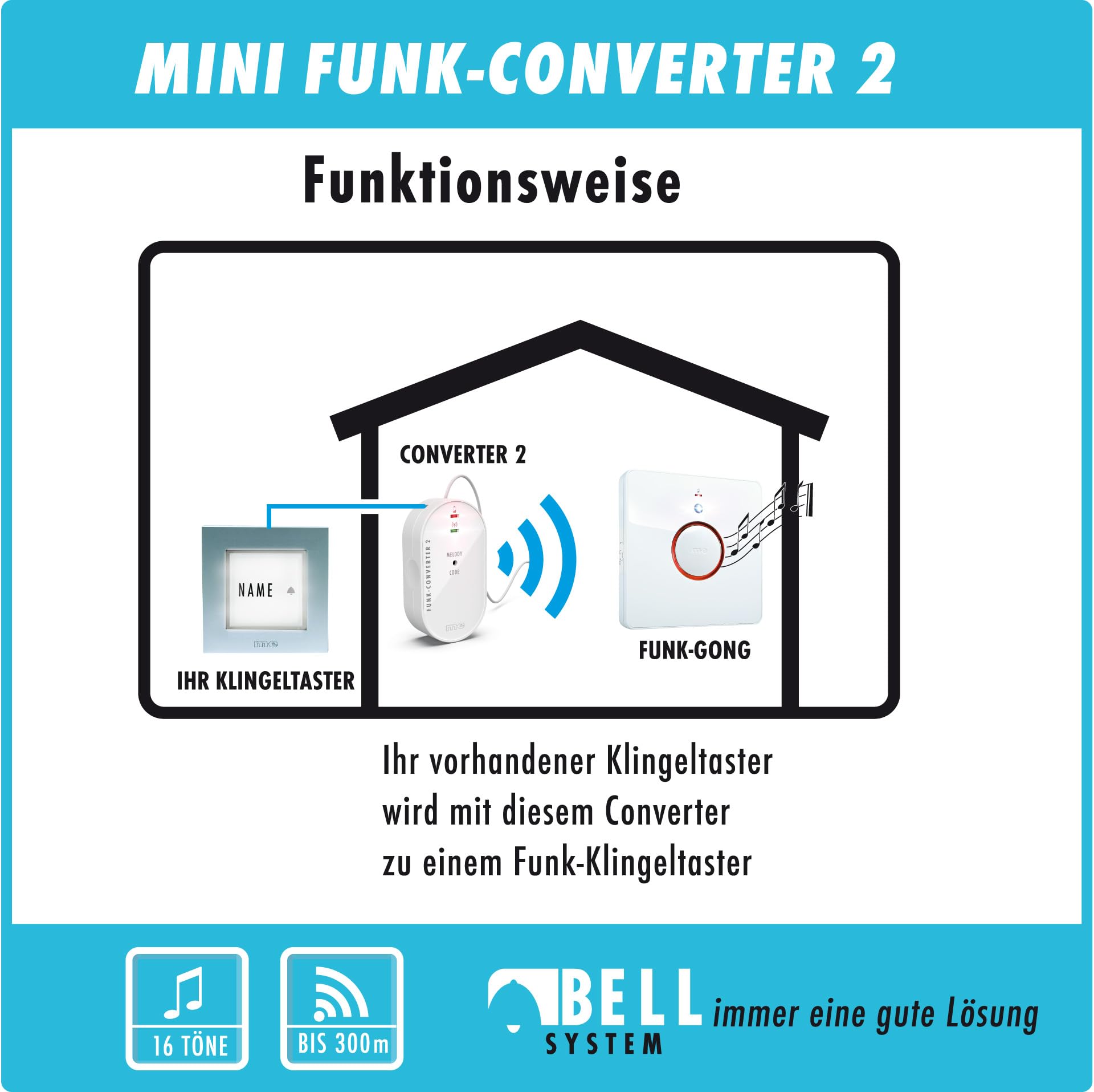 m-e Bell 5553 Funk Klingel Weiterleitung - Einbau in Klingelleitung oder Gehäuse Türklingel Erweiterung | Türklingel Verstärker (Funk Converter + Klingel (Batterie))