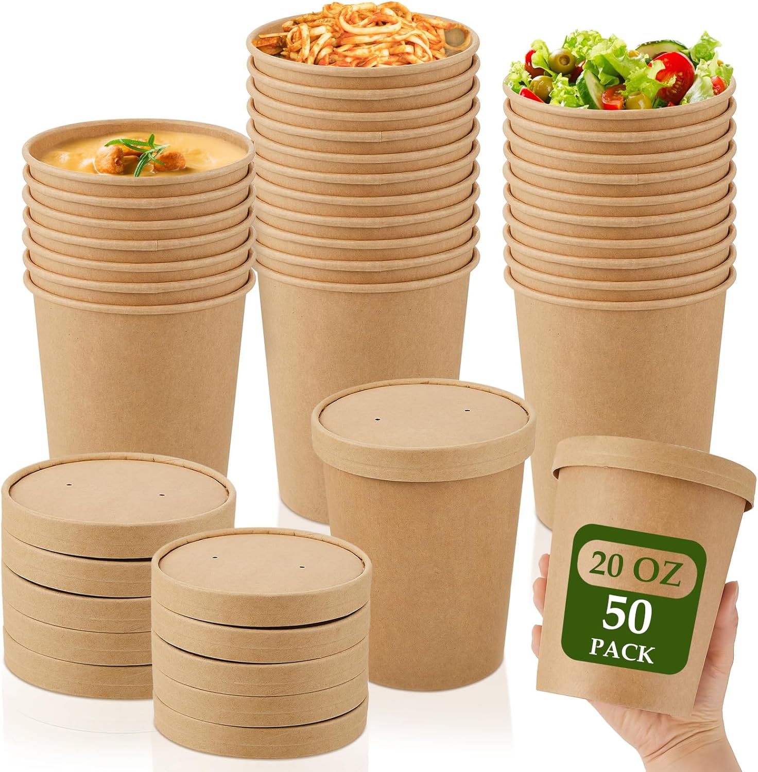 Sabary 50 Pack 20 oz Paper Soup Containers with Lid Disposable Kraft Soup Food Bowl Microwavable Food Storage Ice Cream Containers Nice for Restaurants(Brown)
