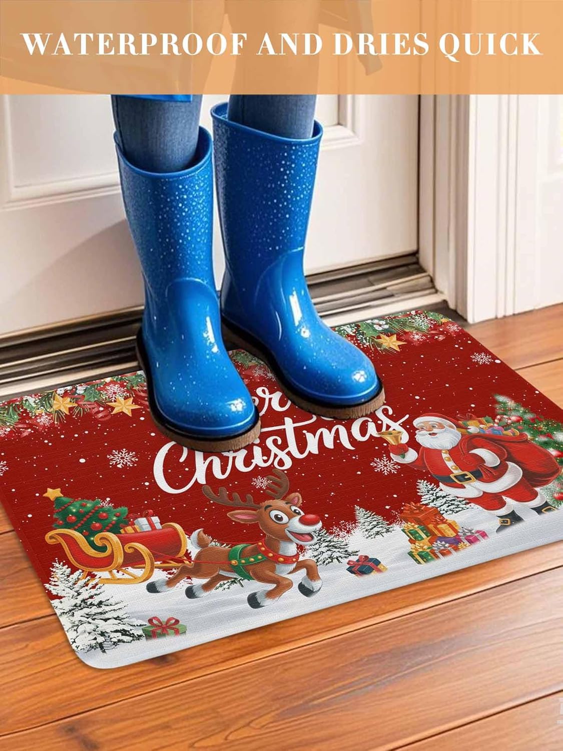 Red Christmas Santa Front Door Mat Entrance Welcome Floor Mats Indoor Outdoor, Xmas Elk Tree Heavy Duty Absorbent Doormat, Snowflake Botanical Non-Slip Rugs for High Traffic Areas 16"x24"