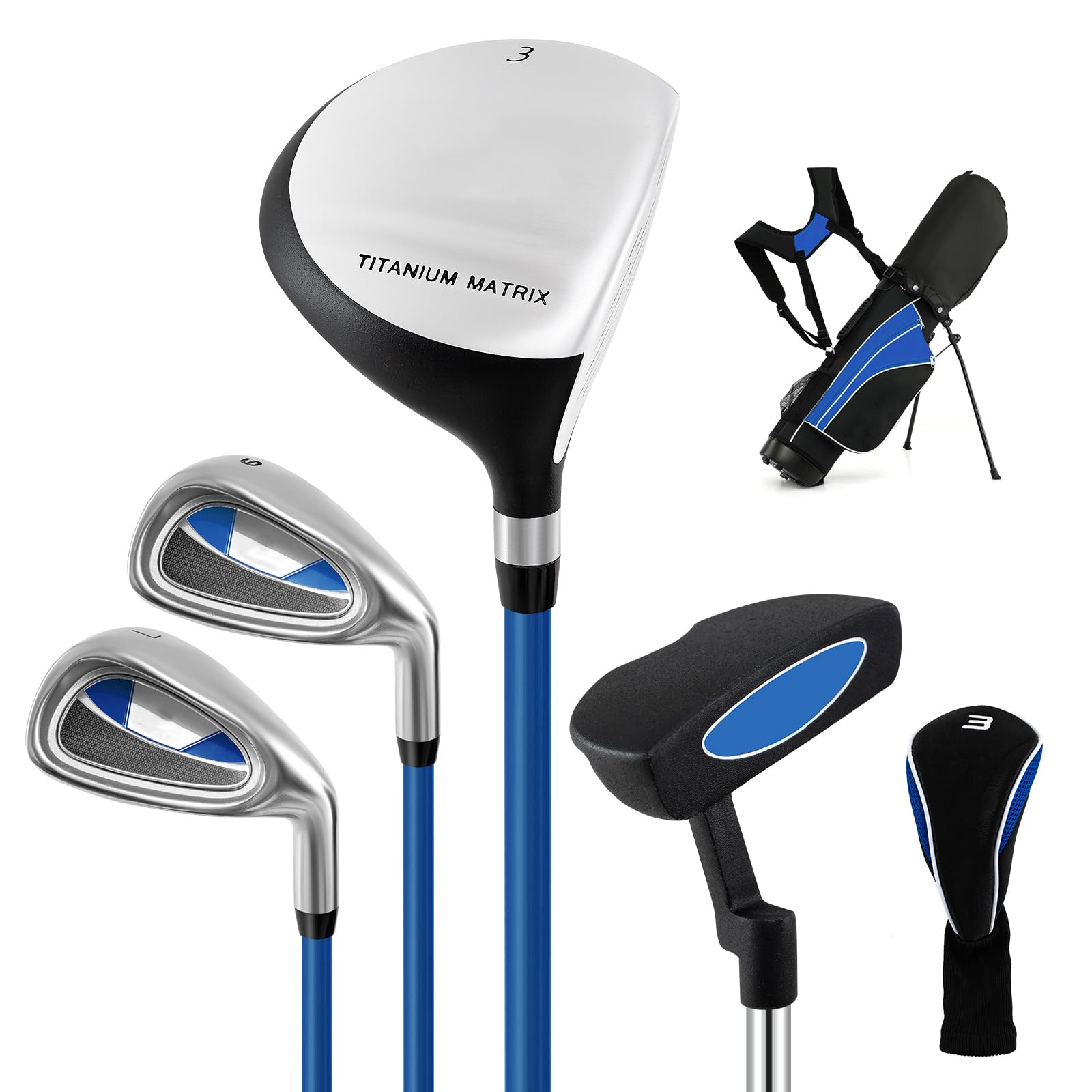 GYMAX Junior Kids Golf Club Set, Boys & Girls Right Hand Complete Golf Clubs Set with Bag, 3# Fairway Wood, 7# & 9# Irons, Putter and Head Cover, Youth Beginners Practice Pole (11-13 Years Old, Blue))