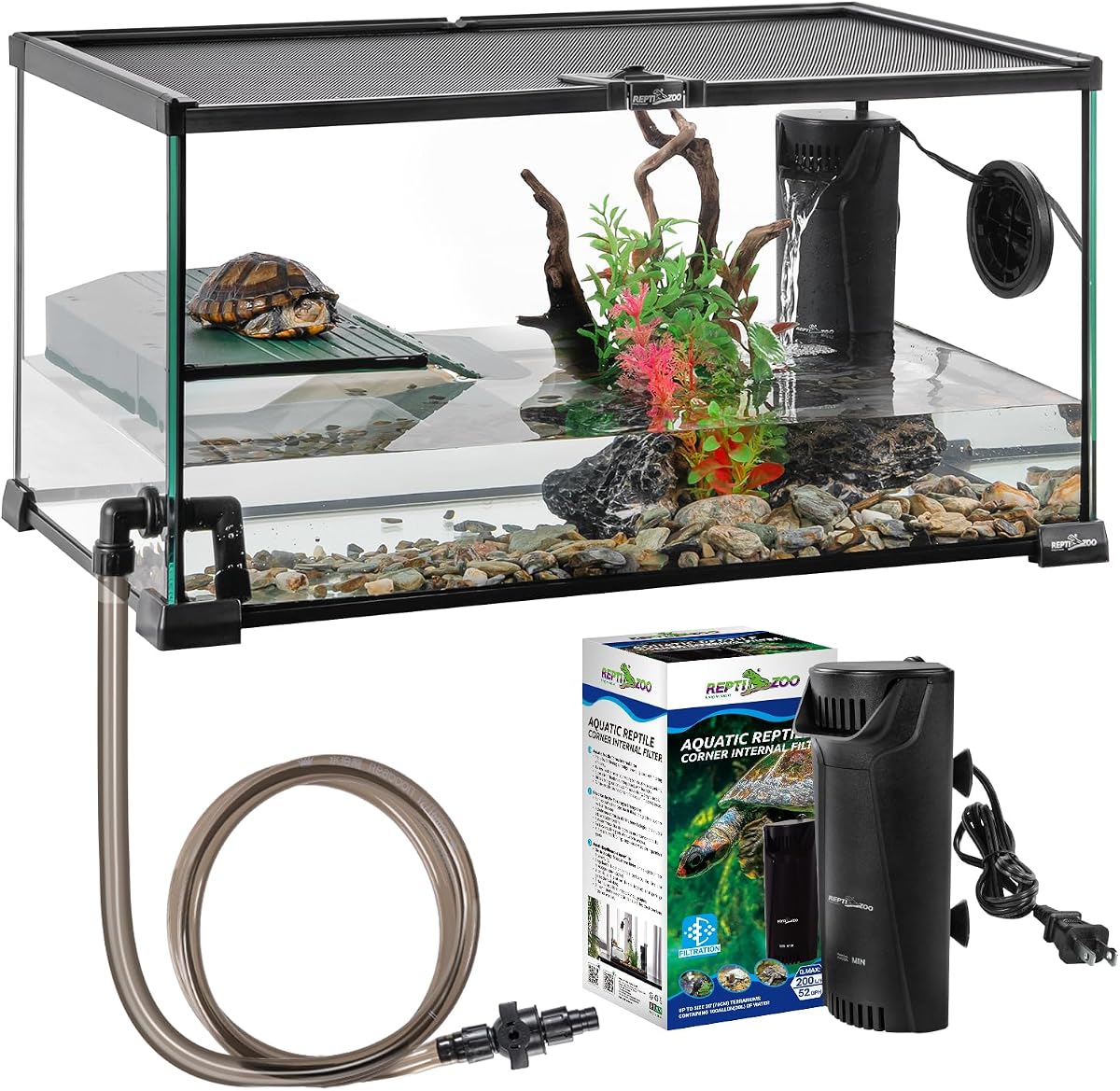 REPTIZOO Kit de tanque de tortuga de vidrio, kit de iniciación de tanque de tortuga de 10 galones con sistema de drenaje, plataforma para tomar el sol y filtro interno de esquina de acuario silencioso, terrario acuático de 20" x 12" x 10"
