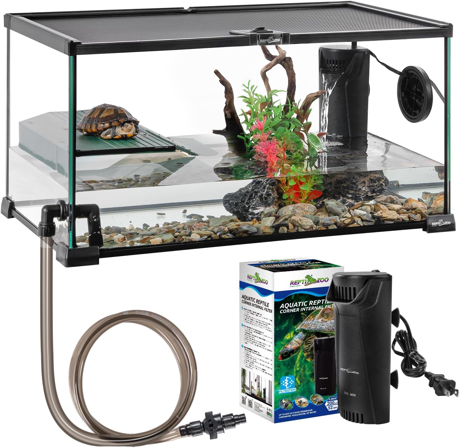 REPTIZOO Glass Turtle Tank Kit, 10 Gallon Turtle Tank Starter Kit with Drainage System, Basking Platform and Quiet Aquarium Corner Internal Filter, 20" x 12" x 10" Aquatic Terrarium