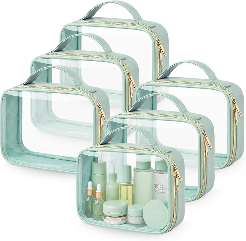 Abbylike Necessaire transparente para maquiagem e artigos de higiene com zíper, alça e material em PU e PVC, verde, pacote com 6