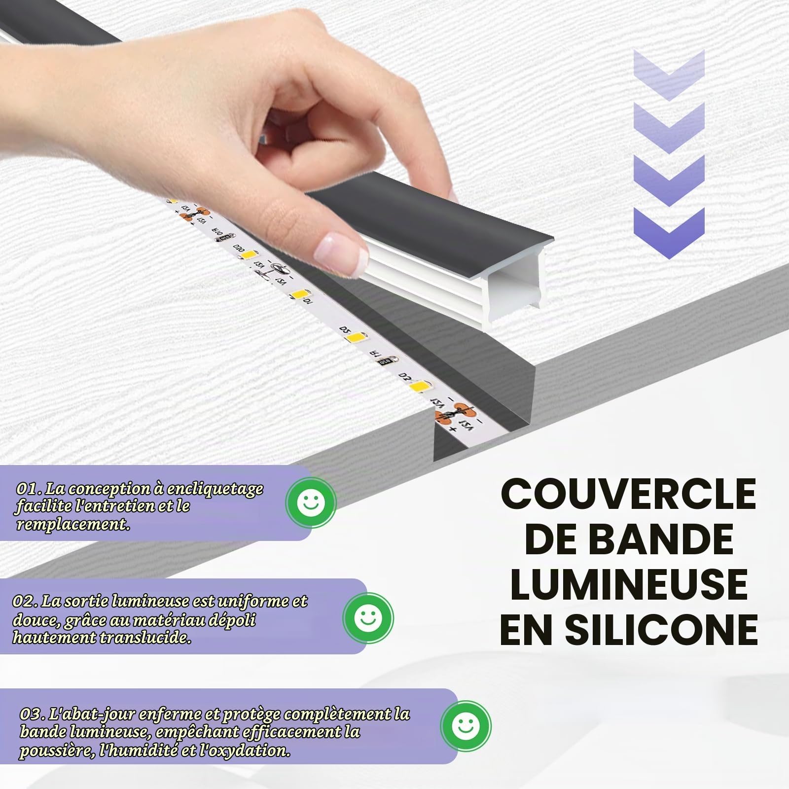 Profilé LED en silicone noir, bande LED flexible pour panneau acoustique, plafond, mur, armoire (bande LED non incluse) (15 x 10 mm, 5 m)
