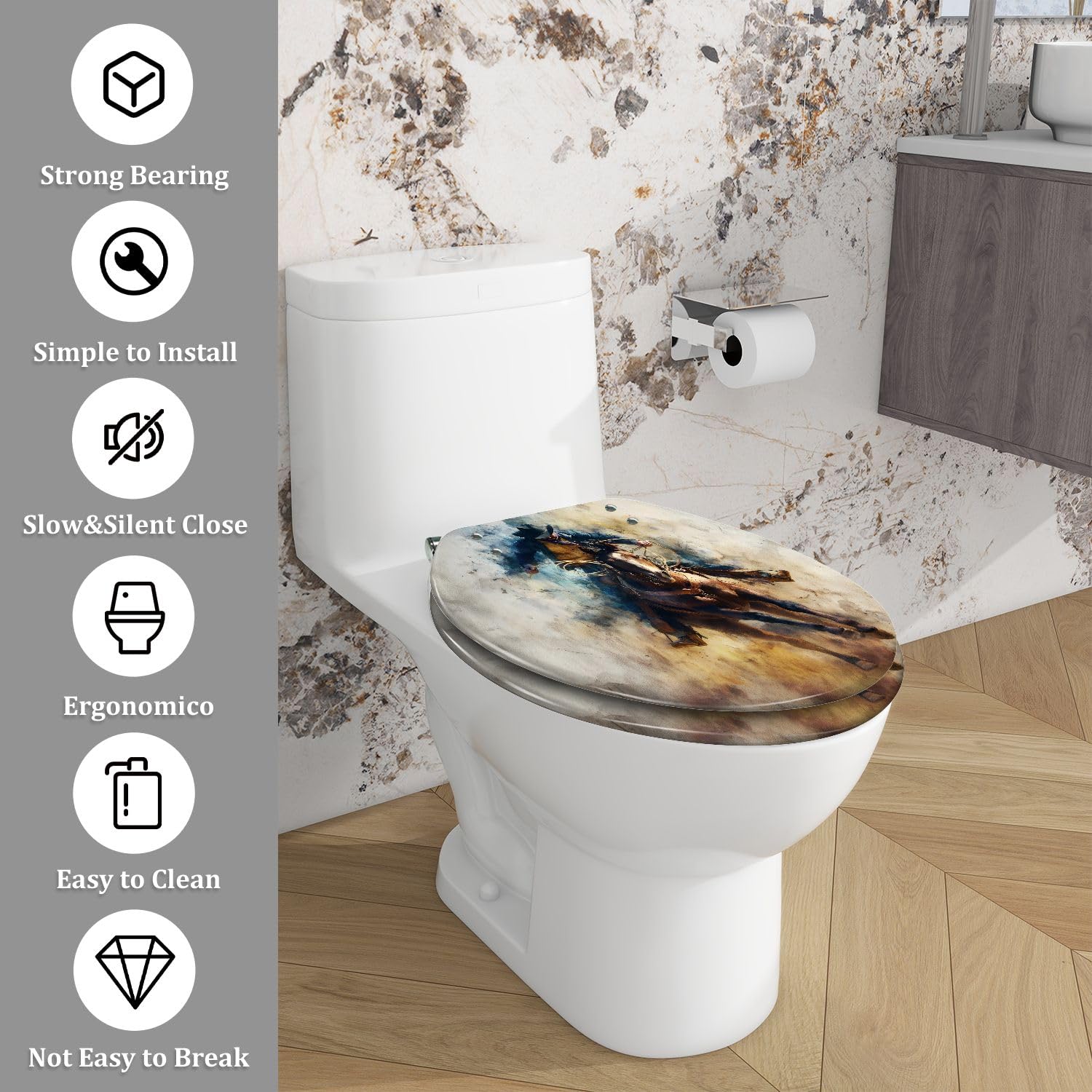Sedile WC allungato generico con chiusura ammortizzata, facile da pulire,