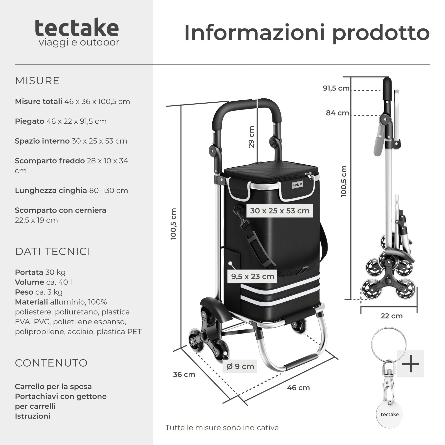 tectake® Carrello Spesa Shopper 3 in 1, Trolley Pieghevole con Borsa Termica per Surgelati, Carrello con Ruote Portatutto, Carrellino Spesa Con Ruote a Stella, Capacità max 30 kg / 56 L - Nero