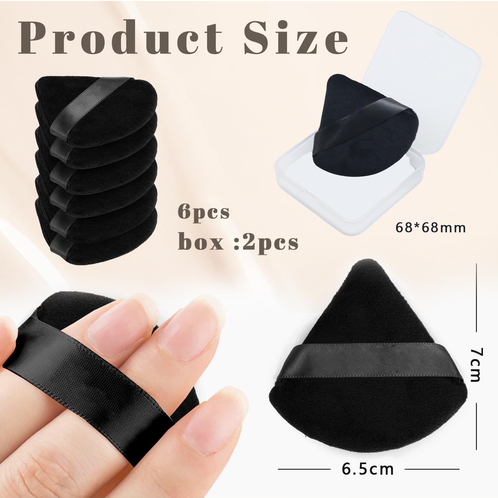 Mezrkuwr Confezione da 6 nappe triangolari per cipria con 2 custodie da viaggio, nappa per cipria e fondotinta, morbido velluto per polvere sciolta, colore nero