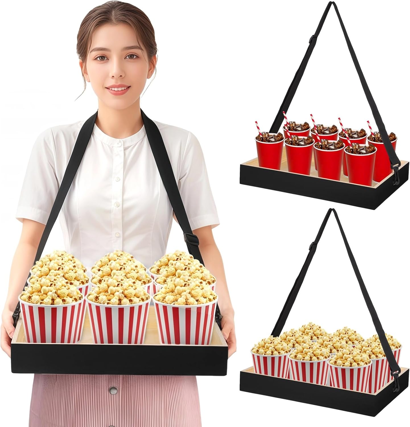 yeesport 2 Pcs Wooden Snack Trays with Straps, Handheld Serving Trays with Adjustable Shoulder Straps, Movie Popcorn Beverage Carriers, Vintage Drinking Holders for Parties and Picnics, Black