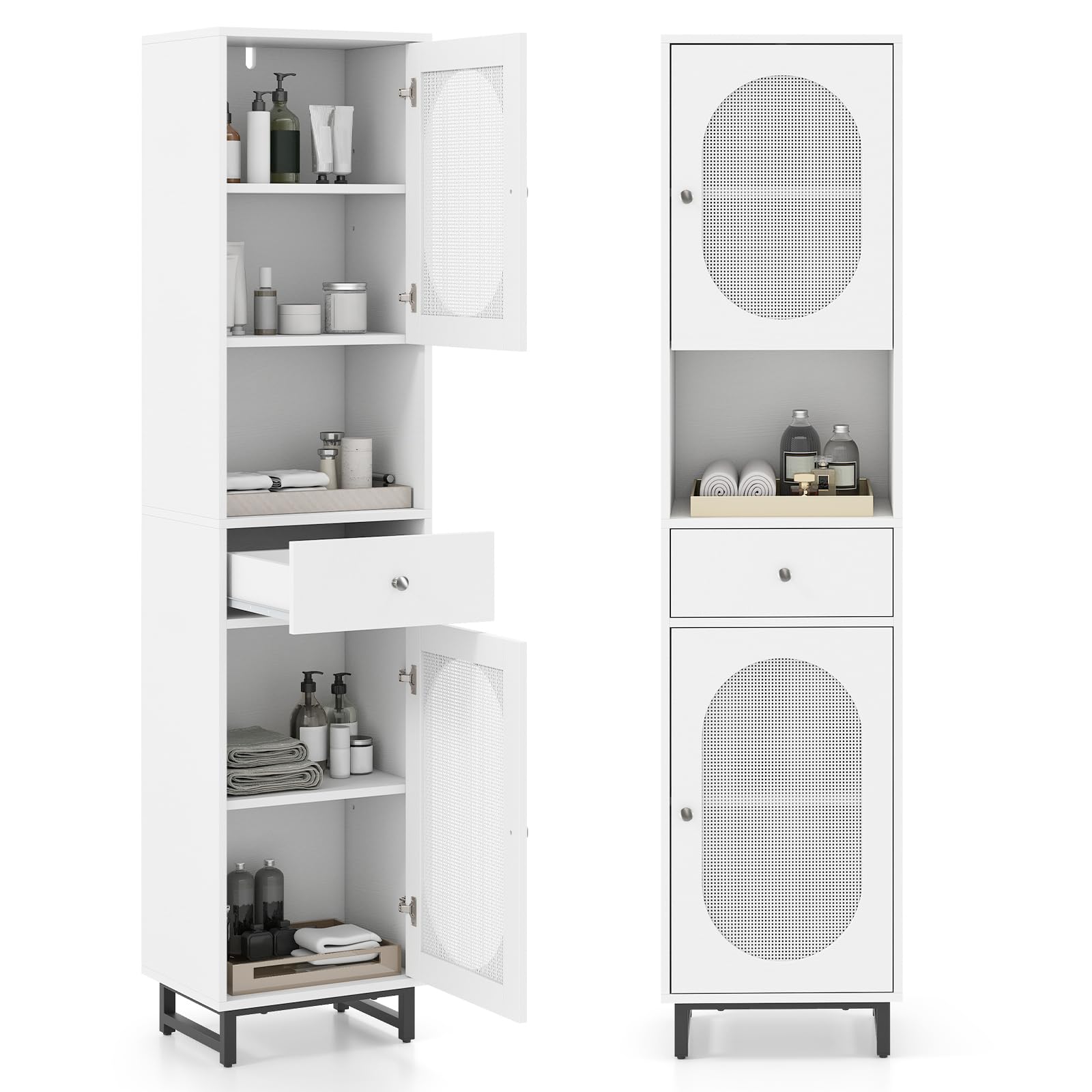 COSTWAY Bathroom Tall Cabinet, Freestanding Storage Cupboard with Rattan Doors, Open/Adjustable Shelves and Drawer, 170cm Tall Narrow Slim Bathroom Unit Floor Cabinet for Living Room Hallway (White)