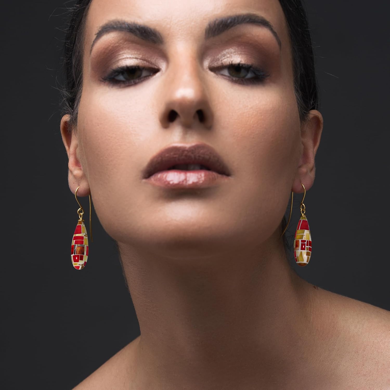 Teardrop Boho Amber Mosaic Drop Earrings in 925 Sterling Silver, Artistic Vibrant Hypoallergenic - Handmade by Emmanuela