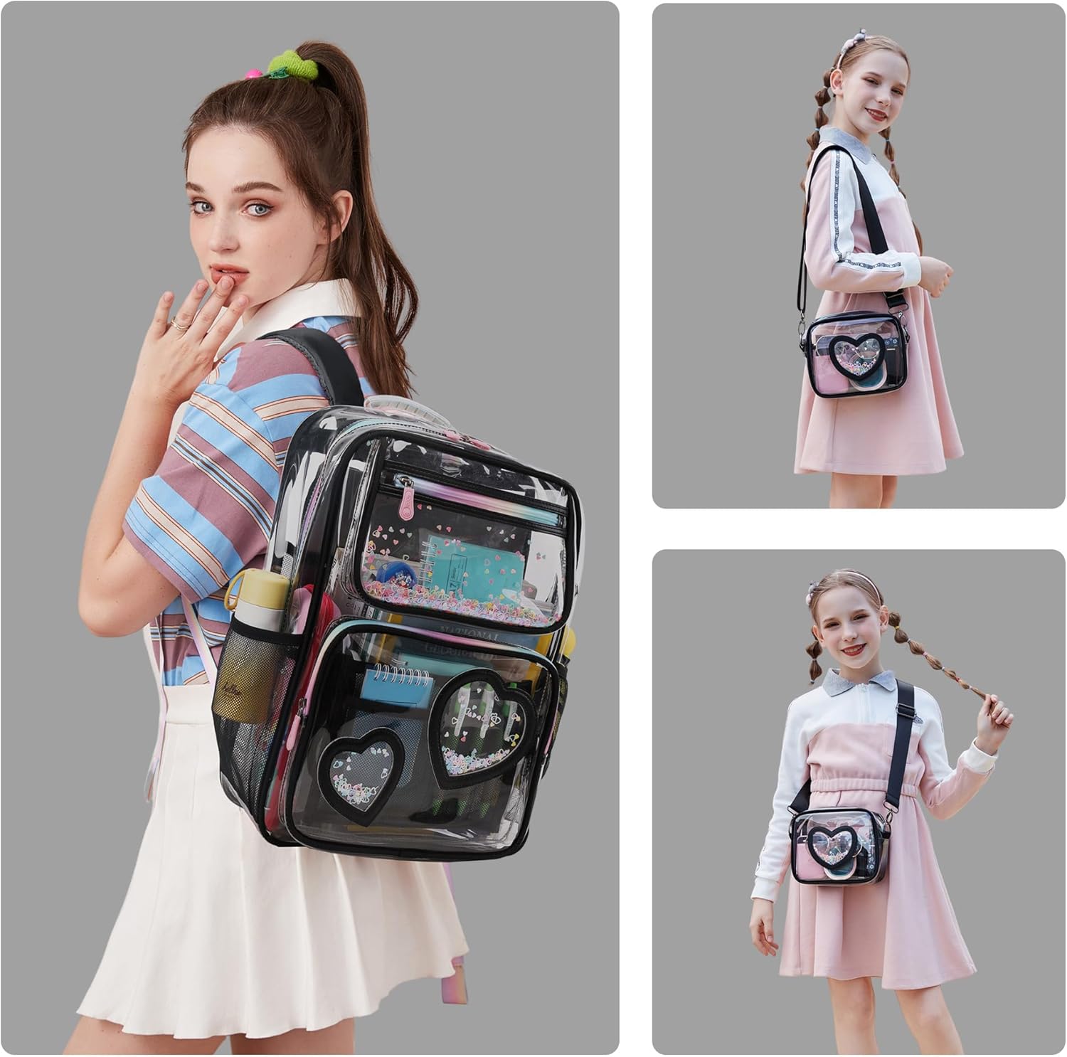 Clear Backpack for Girls,Transparent Backpacks Crossbody Bag for Kids Elementary School Student,Heavy Duty See Through Daypack 2PCS Bookbag Stadium Approved for Teen,College,Work,Travel,Concert Black - Image 6