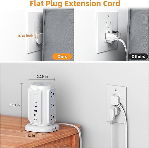 Miniatura 3 de BESFAN Torre de regleta de alimentación, protector de sobretensiones de 1625 W con 9 salidas de CA, 5 puertos USB, cable de extensión de 6.5 pies