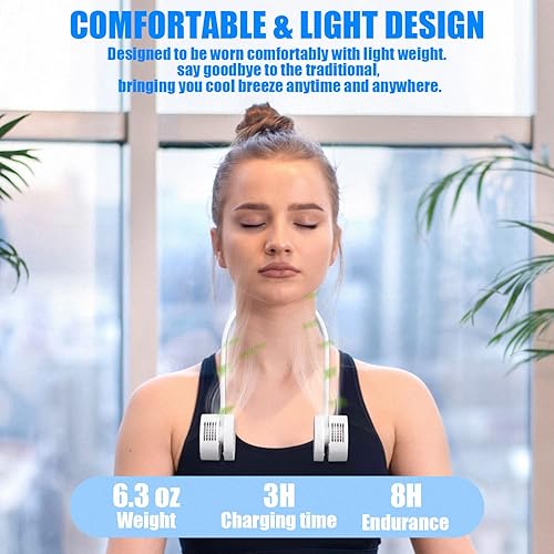 Miniatura 5 de Ventilador de cuello portátil, manos libres, sin aspas, con 3 velocidades para mujeres, niños y adultos, lectura, conducir, correr (blanco)