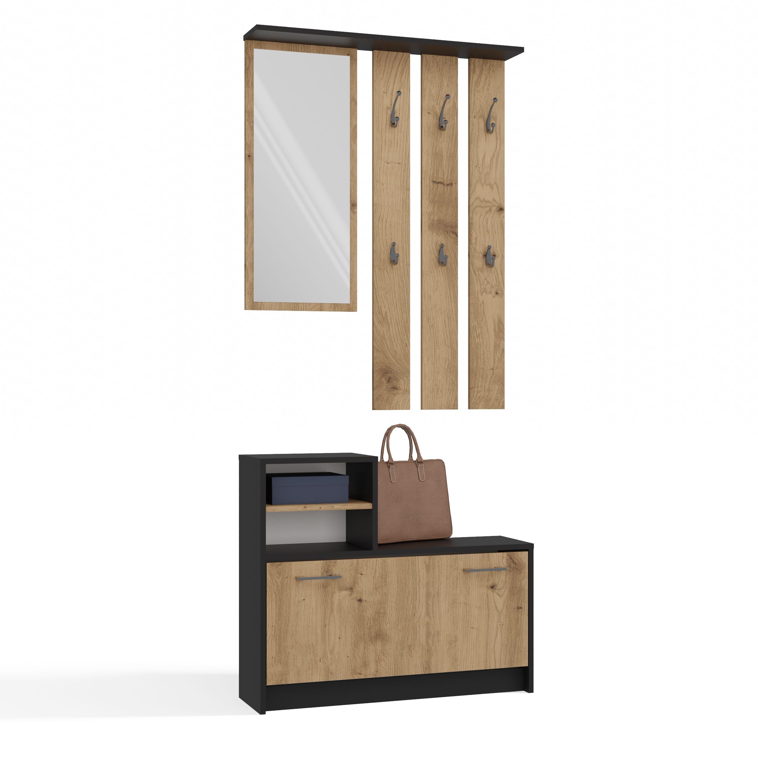CDF Ensemble Meubles Entrée Complet Vestiaire Miroir Porte-Manteaux Mural 6 Crochets Armoire à Chaussures 9 Paires Rangement Couloir Moderne Compact Placard 85 x 24 x 180 cm Chêne Artisan Anthracite