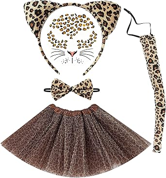 5PCS Cheetah Costume for Girls Womens Leopard Costume Accessories Sets Cat Ears Headband/Cheetah Tails/Bow Tie/Face Tattoos/Leopard Tutu Skirts for Halloween Animals Cosplay Set