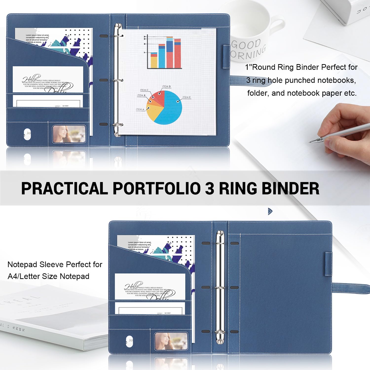 Toplive Padfolio segregator z 3 pierścieniami, teczka biznesowa, teczka dla kobiet, format A4, ze skóry PU, teczka na rozmowę kwalifikacyjną, konferencję, prezentację, niebieski