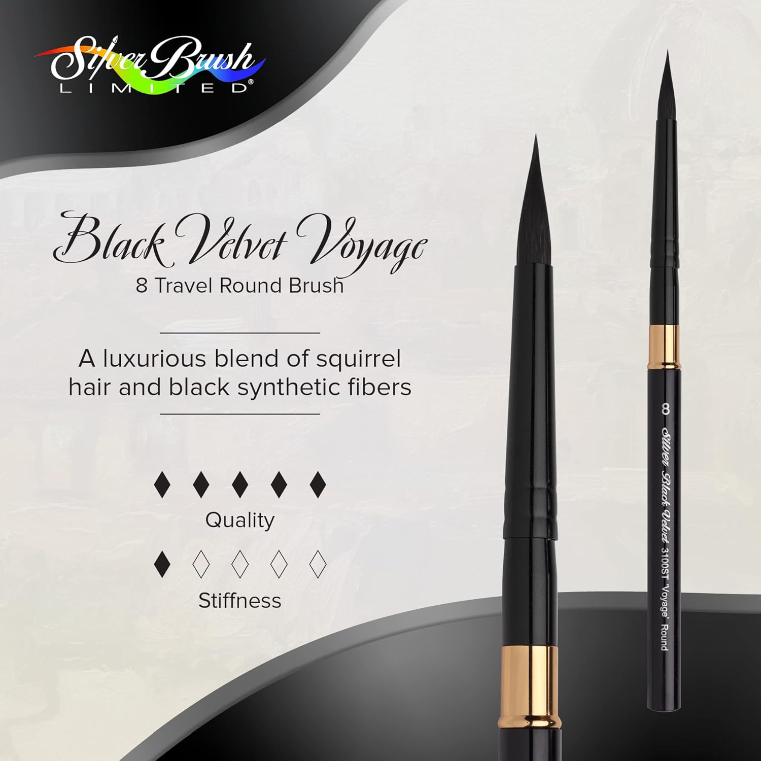 Silver Brush Limited 3100ST-8 Black Velvet Voyage Travel Brush Round Paintbrush for Watercolor, Gouache, Inks, & Dyes, Size 8, Short Handle