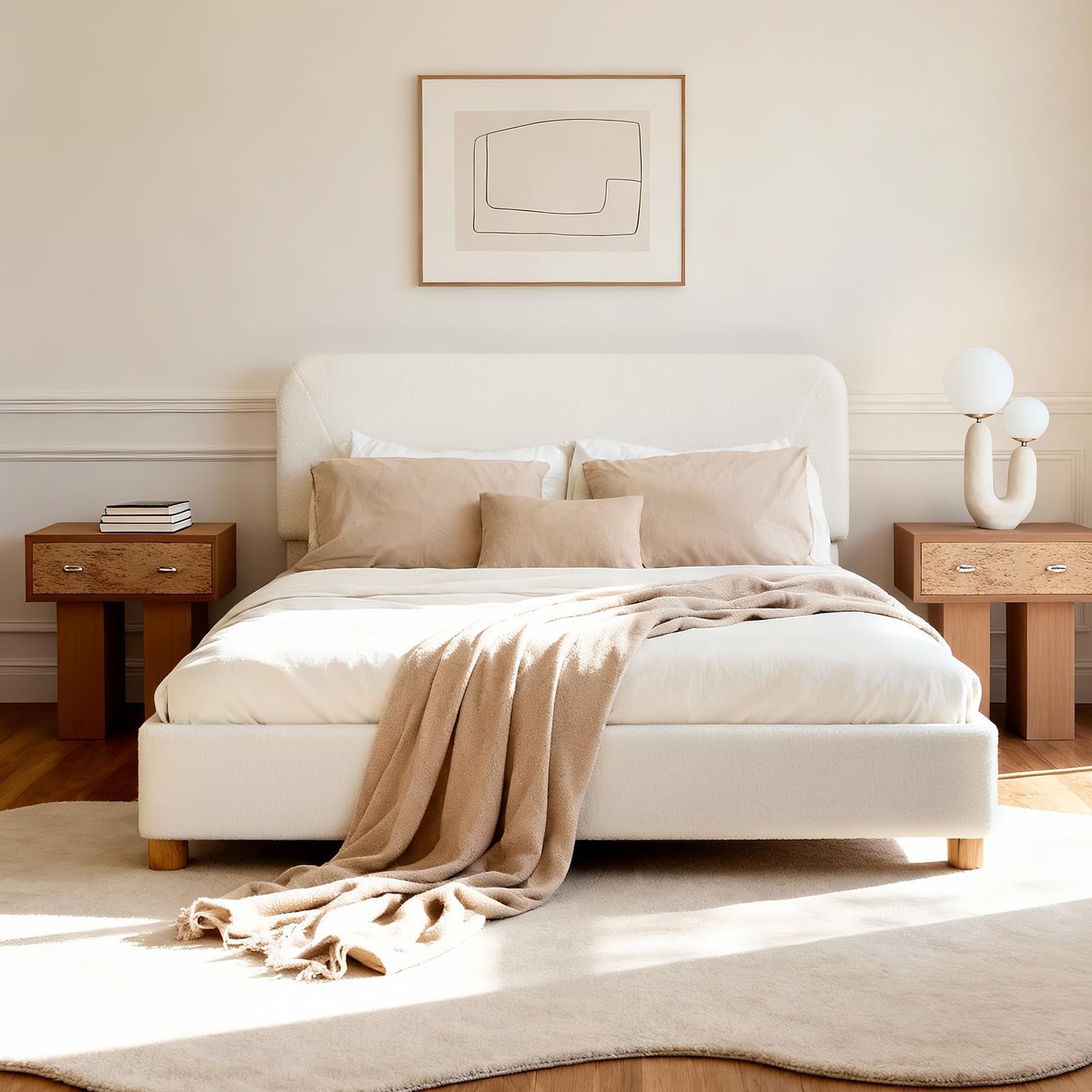 - Boucle Queen Size Bed Frame - Upholstered Bed Frame with Adjustable Headboard, Solid Wood Legs, Rounded Corners, Easy Assembly, Marshmallow BedFrame, Cream