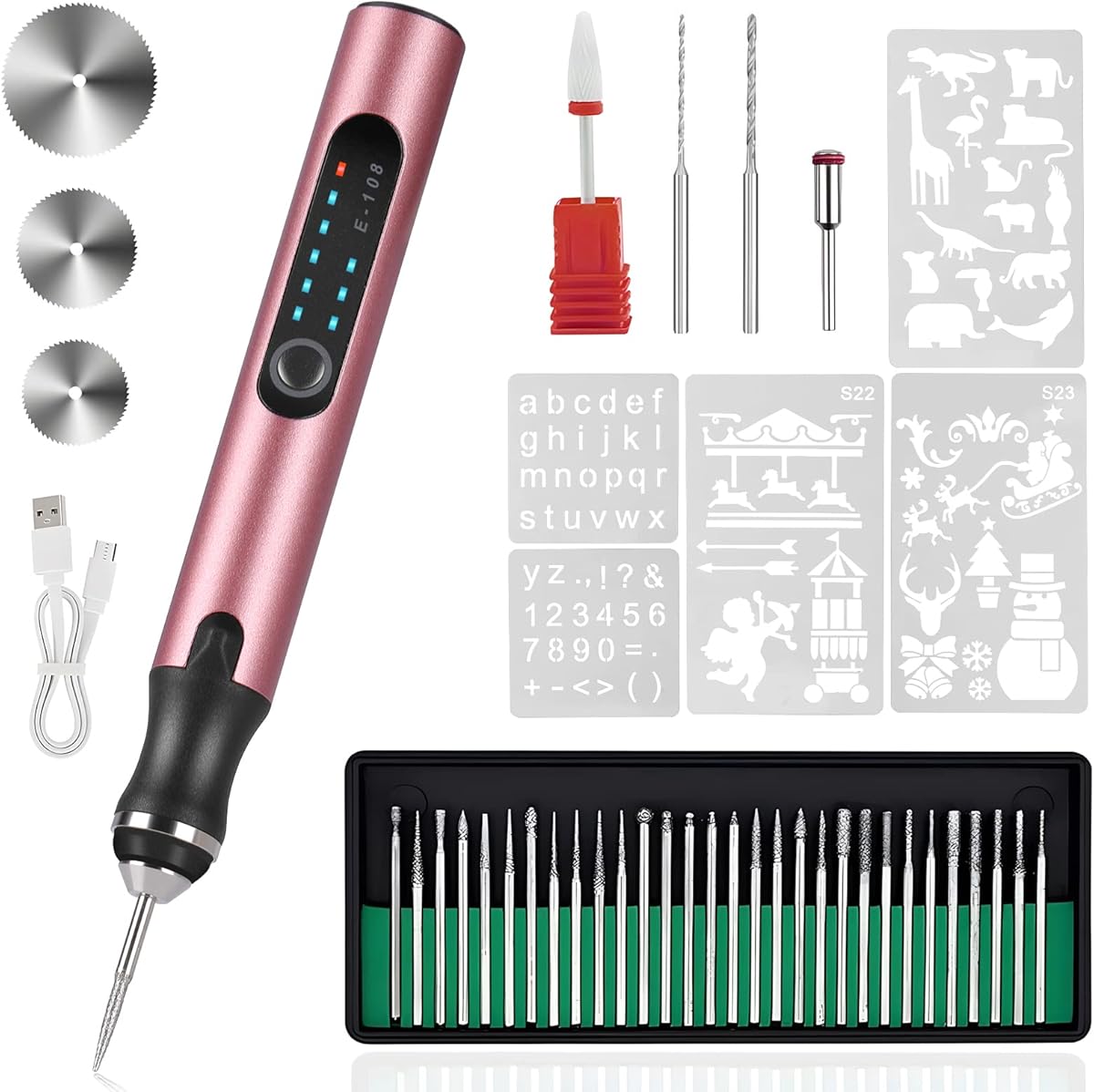 HOTROSE Electric Engraving Pen with 37 Bits, USB Rechargeable Cordless Engraving Machine, Portable DIY Rotary Engraver for Jewelry Wood Glass Stone Carving (Rose red)