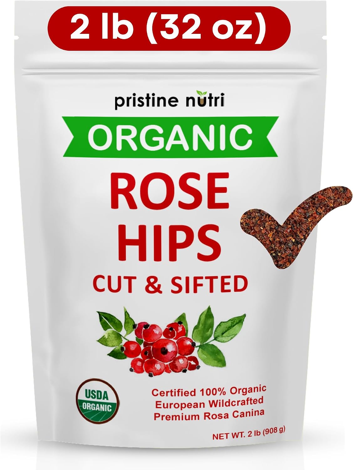 Organic Dried Cut and Sifted Rose Hips - 2lb. (32oz.) Bag | USDA Certified Organic, European, Nothing Added, Vitamins C & E, Resealable Bag, Tea & Multiple Uses, Wild grown, Non- GMO
