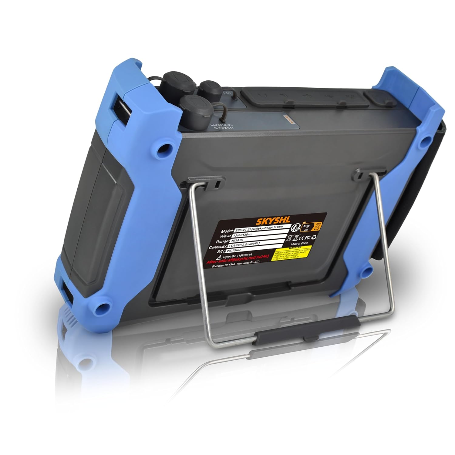 Rear view of the SKYSHL SS322T-2A3 OTDR with its integrated kickstand.