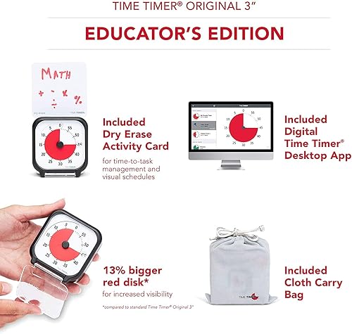 Miniatura 3 de Time Timer Temporizador visual de 3 pulgadas, reloj de cuenta regresiva de escritorio para niños de 60 minutos con tarjeta de actividad de borrado