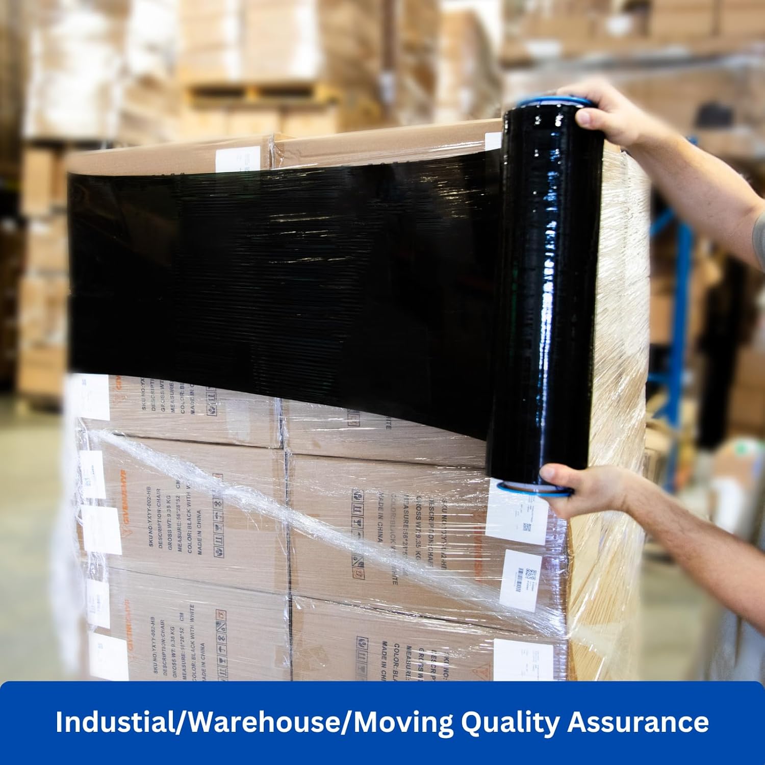 Noah's Ark Warehouse 18" x 1500FT Industrial Class Pallet Wrap, 60 Gauge 4 Rolls Black Stretch Film for Warehouse Packing, Adhering Packing Moving Packaging (4 Pack)