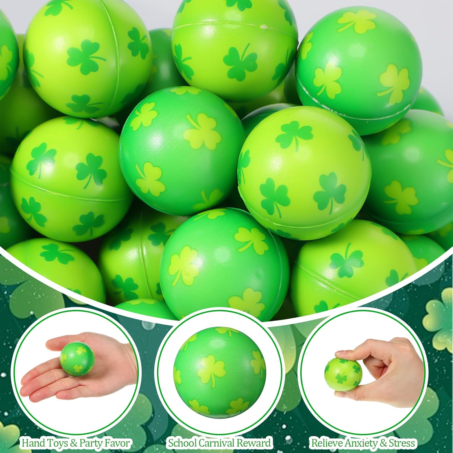 Liliful 60 Pcs St. Patrick's Day Stress Balls Bulk Shamrock Clover Green Sport Balls Squeeze Ball Stress Relief Fidget Foam Toy for St. Patrick's Day Carnival Party Favors Rewards