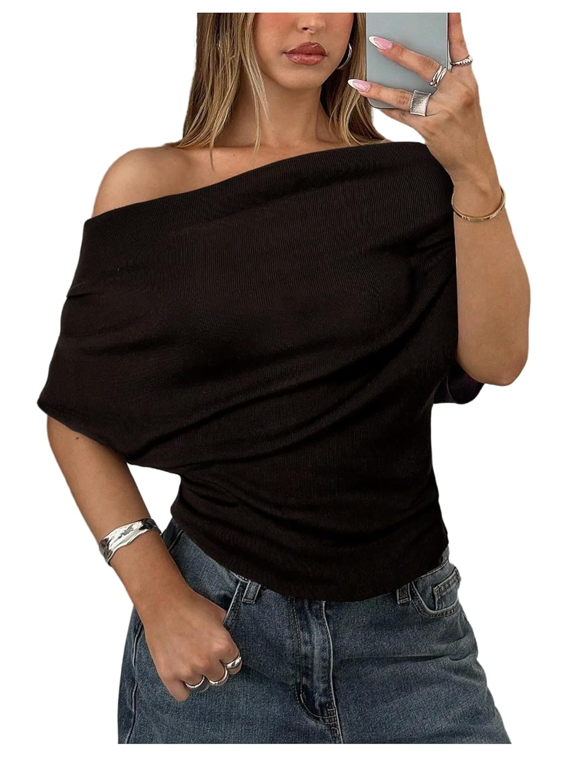 Womens Off The Shoulder Sweaters Short Sleeve Pullover Causal Knit Tops