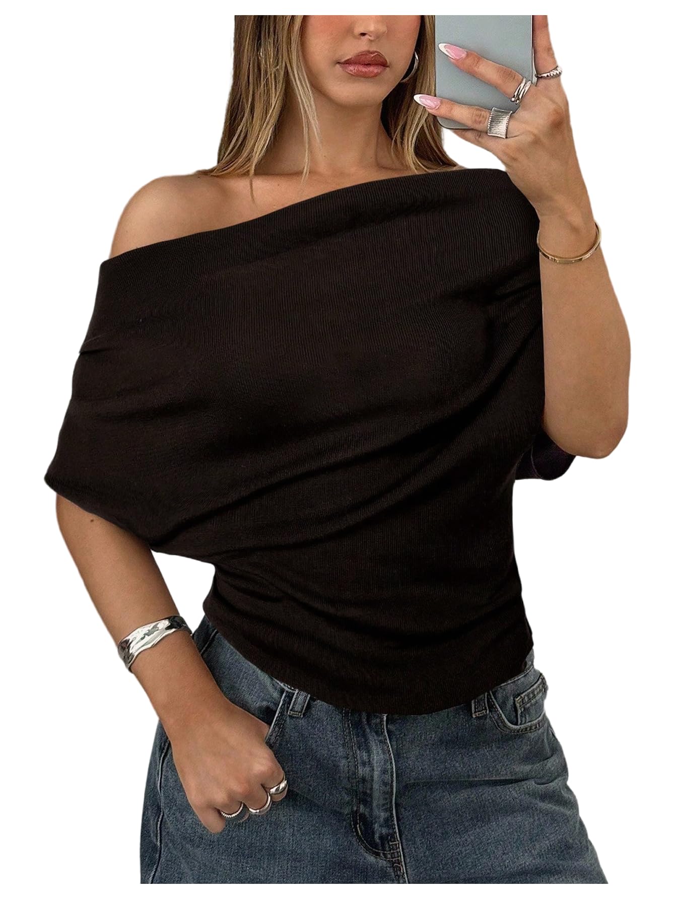 Womens Off The Shoulder Sweaters Short Sleeve Pullover Causal Knit Tops