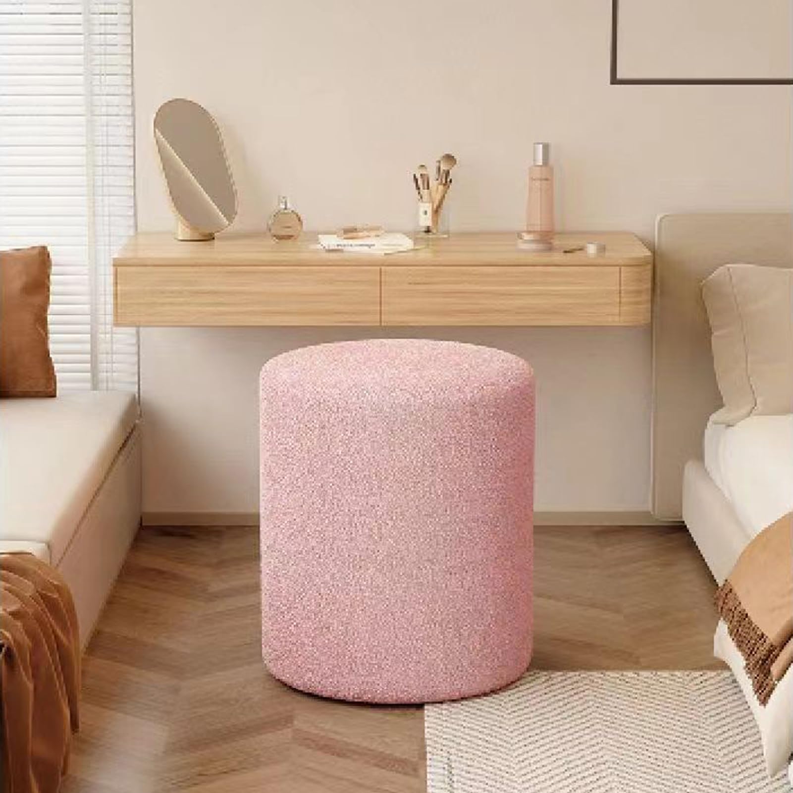 Footstools for Living Room Dressing Table Stool Round Skin-Friendly Lambswool Vanity Stool Sturdy Solid Wood Frame Load Capacity Over 125 kg no Assembly Required,Rosa,33x33x43cm