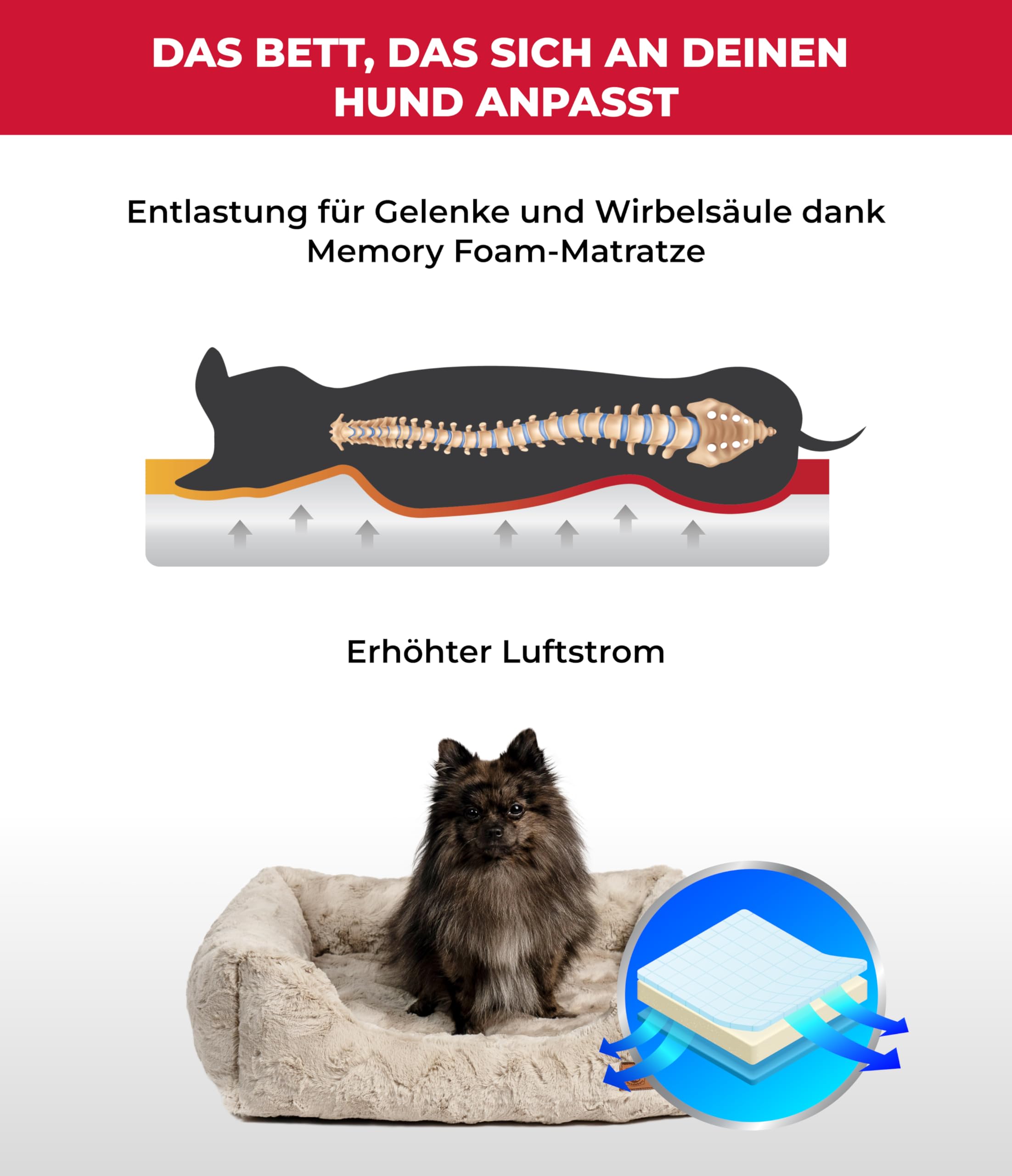 Kuschelbett Deluxe Exklusiv XS (50x70 cm) – Orthopädisches Hundebett mit Memory Foam & Anti-Rutsch – Waschbar – Sand – Made in DE