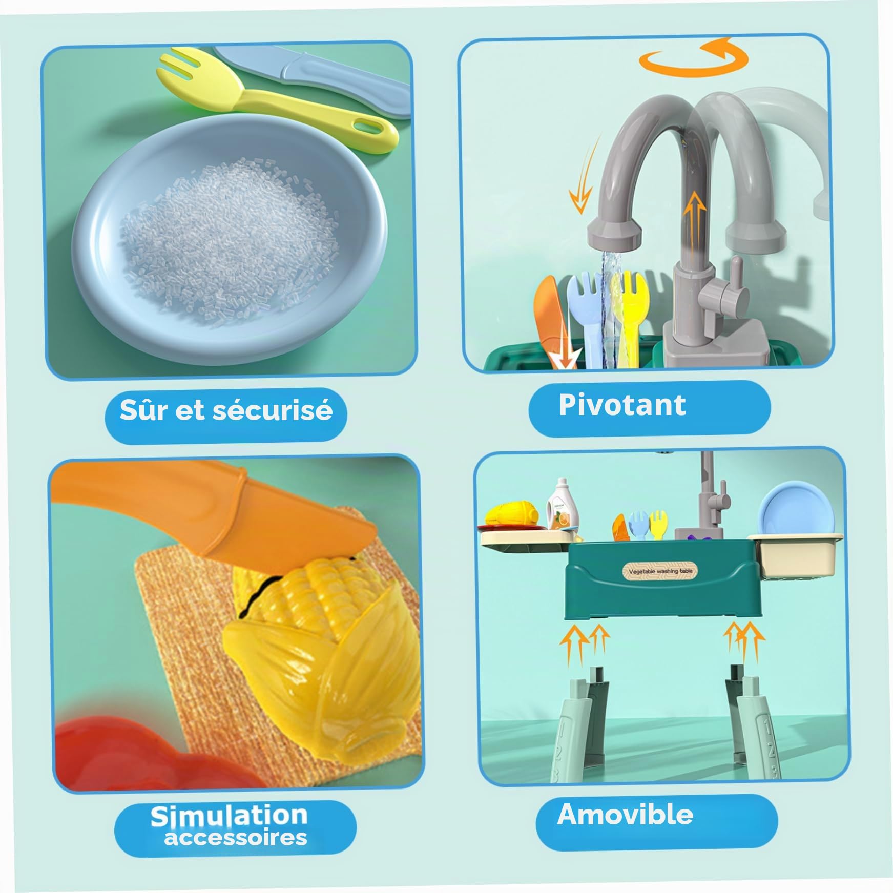 Évier de Jeu avec Eau Courante, 23 pièces, évier en Plastique pour Enfants de 3 Ans et Plus, Ensemble Coupe Fruits et légumes, Jouets Jeu d'eau réutilisables