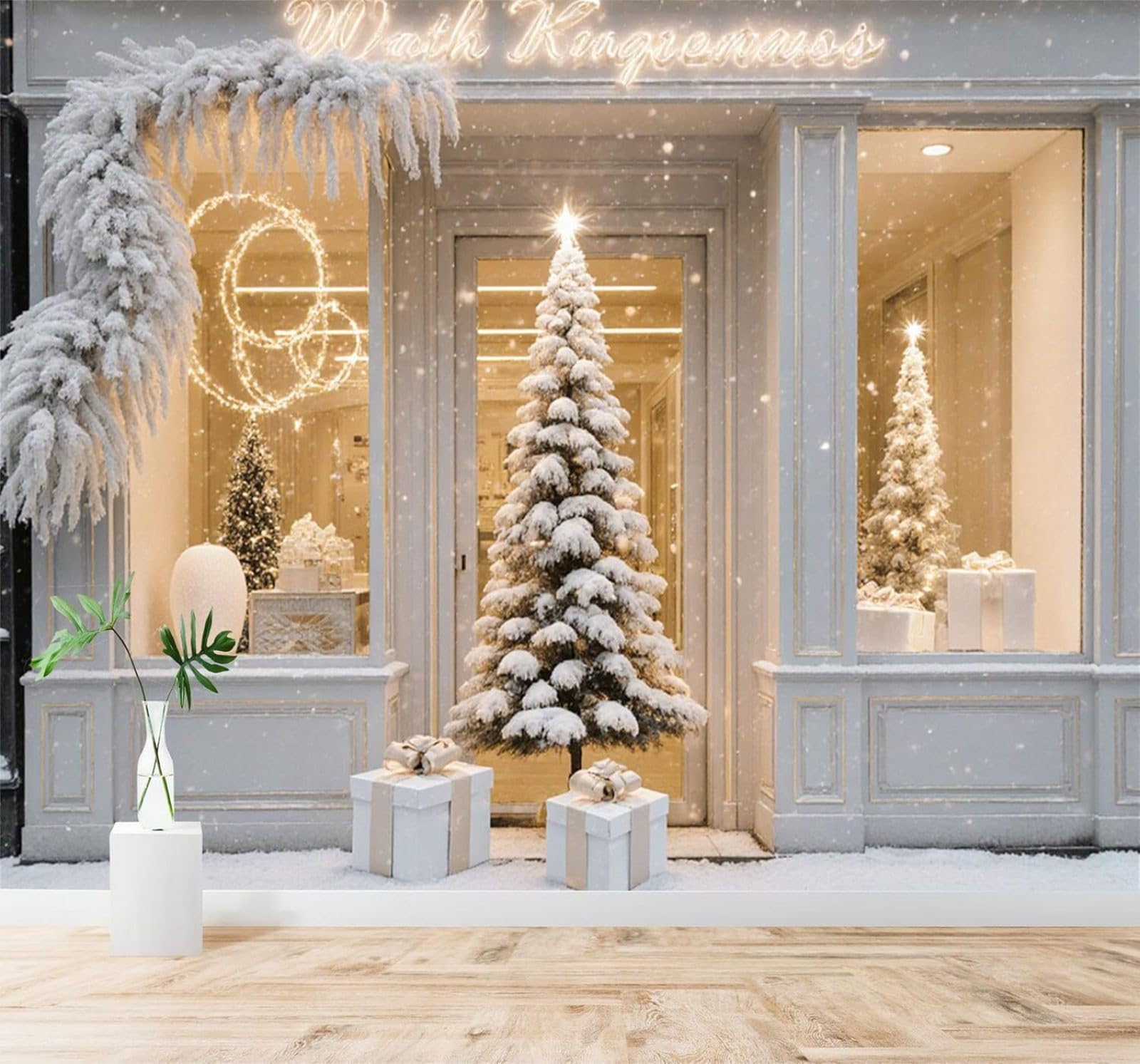 XLMING Winter House Window Pine Tree Snowy Landscape 3D Wallpaper Silky Texture Home Study Office Grey Dining Room Sofa Bedroom Living Room TV Backdrop-200cm×140cm
