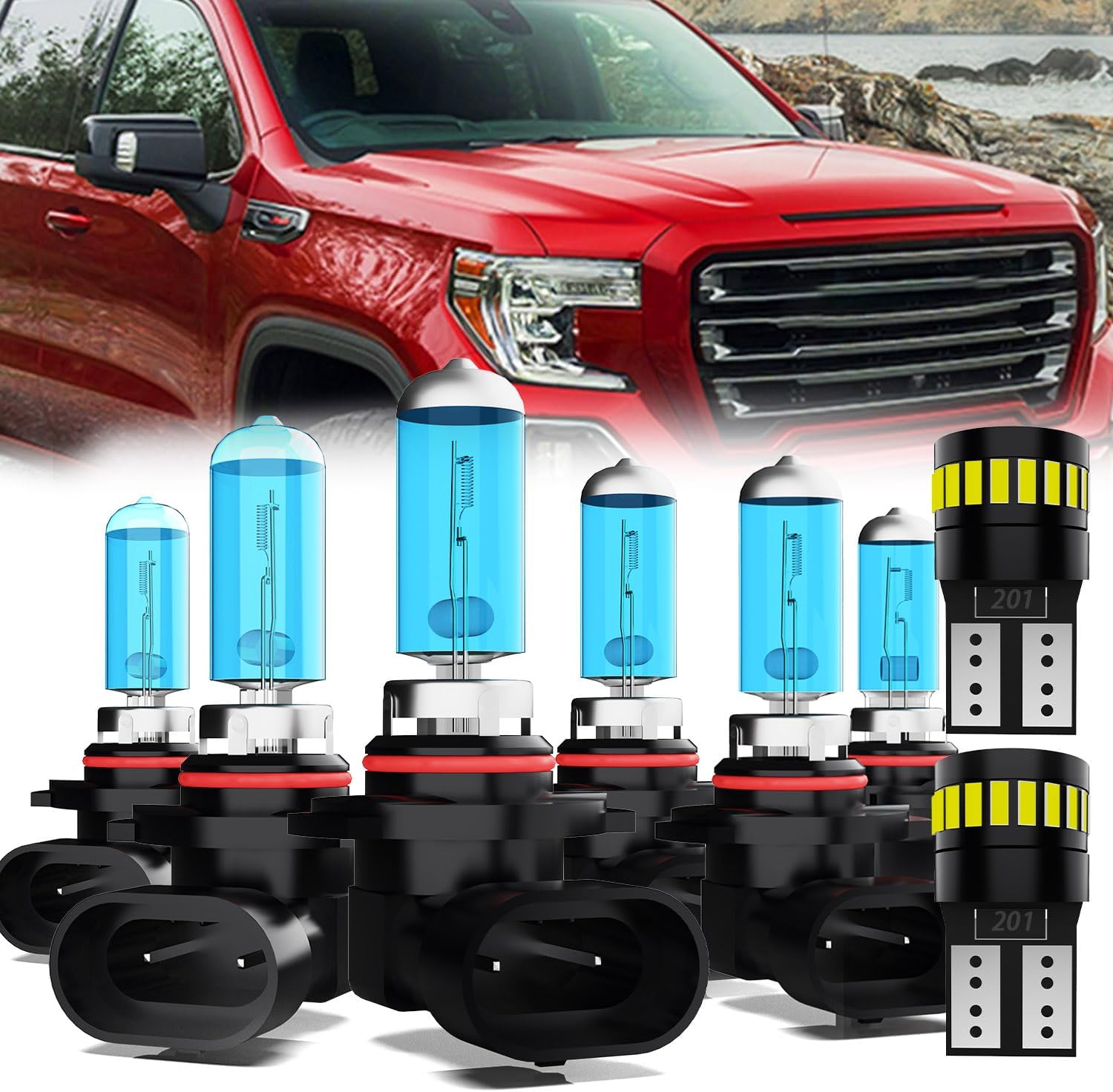 Headlight Bulbs License Plate Lights Fit For GMC Sierra 1500 2003-2006, 9005 High Beam + 9006 Low Beam + 9145 Fog Lights Halogen Light Bulb + License Plate Lights, 6000K White, Pack of 8