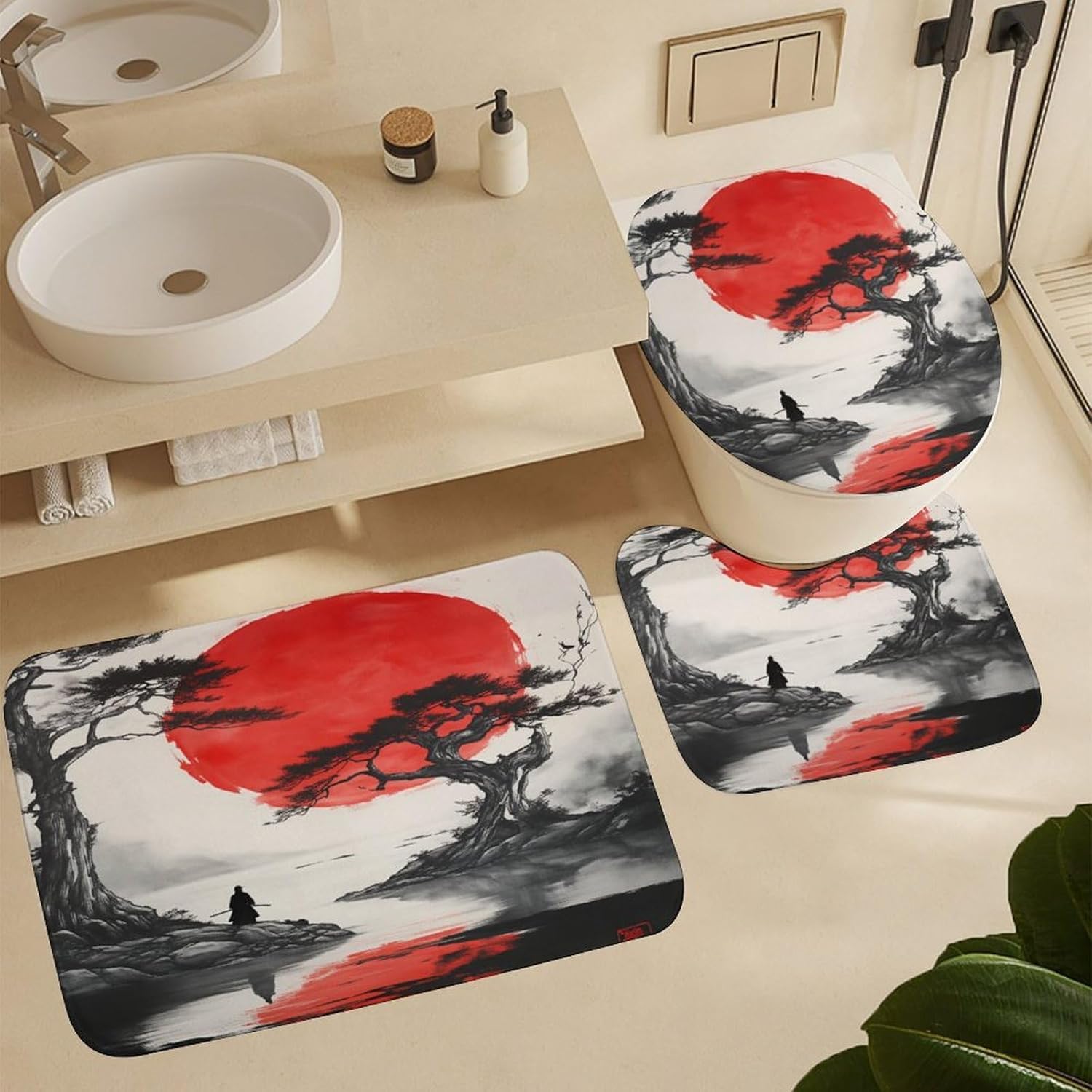 4PCS Mysterious Japanese Tree Ninja Rock Water Moon Shower Curtain Set 72W X 72L, Rustic Samurai Red Print Bathroom Decor, Toilet Lid Cover Non-Slip Rugs and U-Shaped Mat Set 12 Hooks