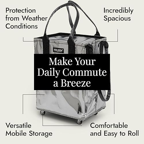 Miniatura 4 de HULKEN (Mediano, Plateado) Bolsa de Comestibles Reutilizable con Ruedas, Carrito de Compras, Bolsa Rodante, Cierre de Cremallera, Ligera, Soporta