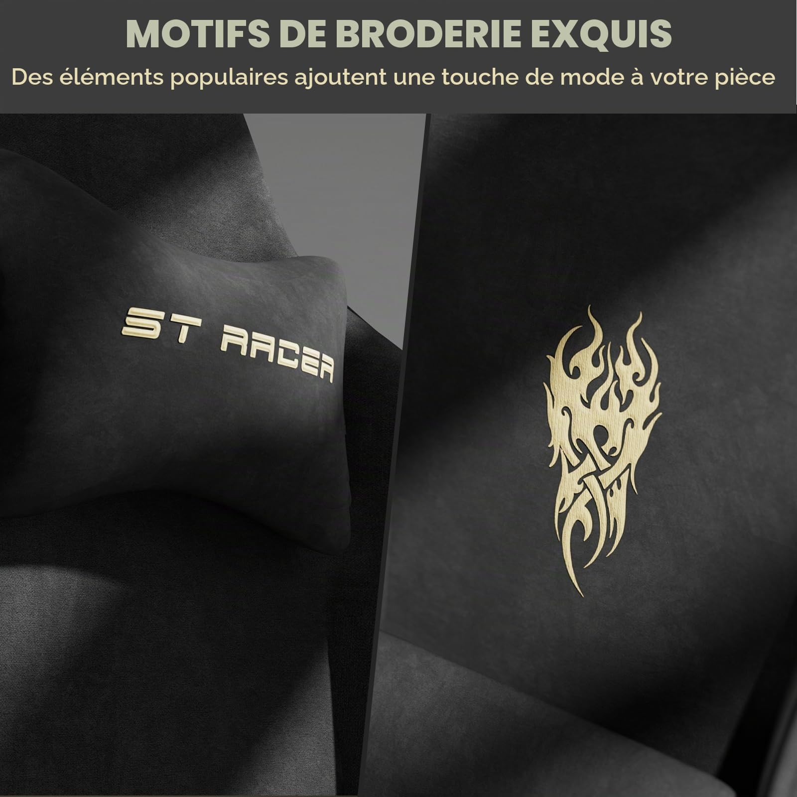 Chaise Gaming Chaise Ergonomique Bureau,Fauteuil Game Repose-Pieds Rétractable & Dossier Réglable,Confort Tissu Velours, Noir