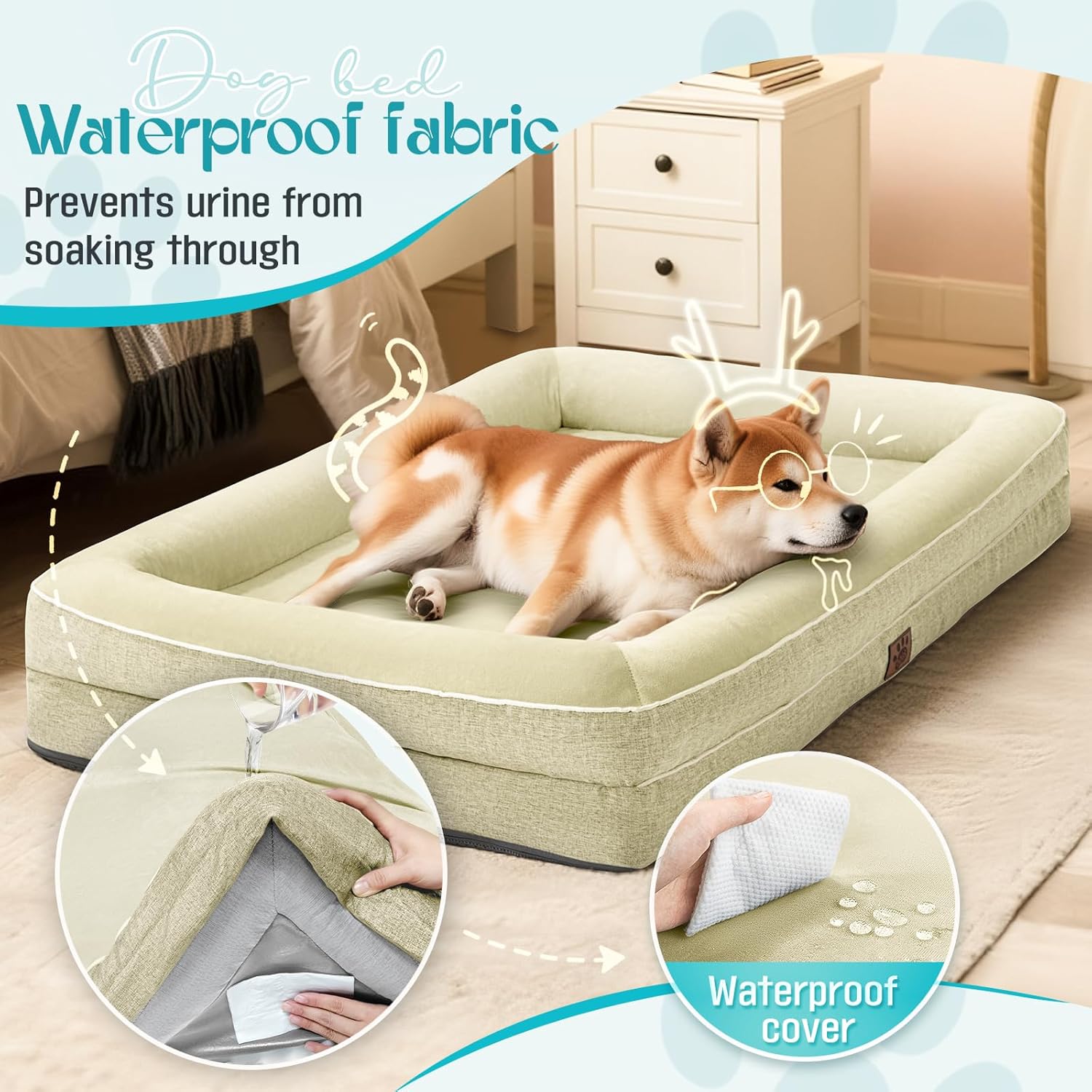 Waterproof Memory Foam Dog Beds for Extra Large Dogs Non-Slip Orthopedic Dog Beds Washable Couch Pet Bed with Removable Cover (Beige, Large)