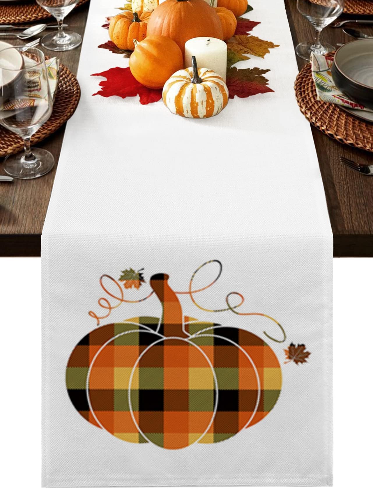 Thanksgiving Holiday Table Runners 13x108Inches, Thanksgiving Orange and Black Lattie Pumpkin Cotton Linen Table Runners Dresser Scarves, Farmhouse Style Table Setting Decor for Dinner Party, Wedding