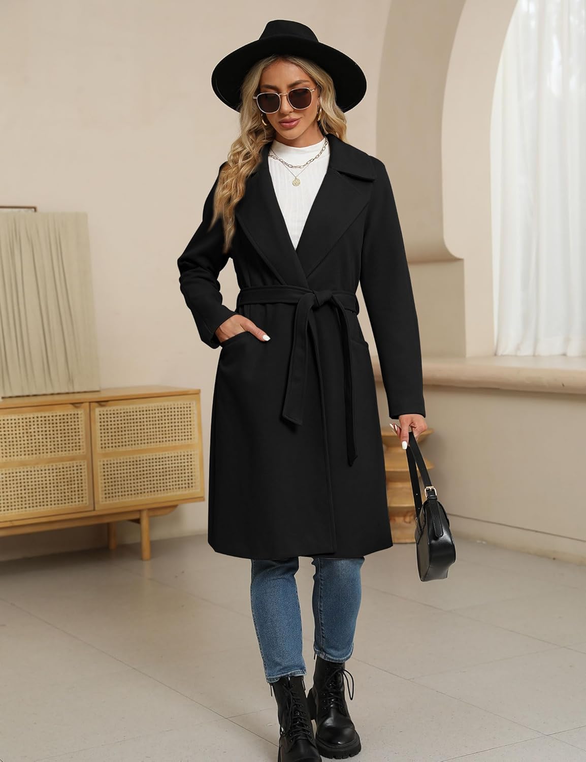 BZB Women's Trench Coat Long Wool Blend Pea Coat Winter Casual Overcoat Notched Lapel Collar Belted Long Jacket Outerwear - Image 6