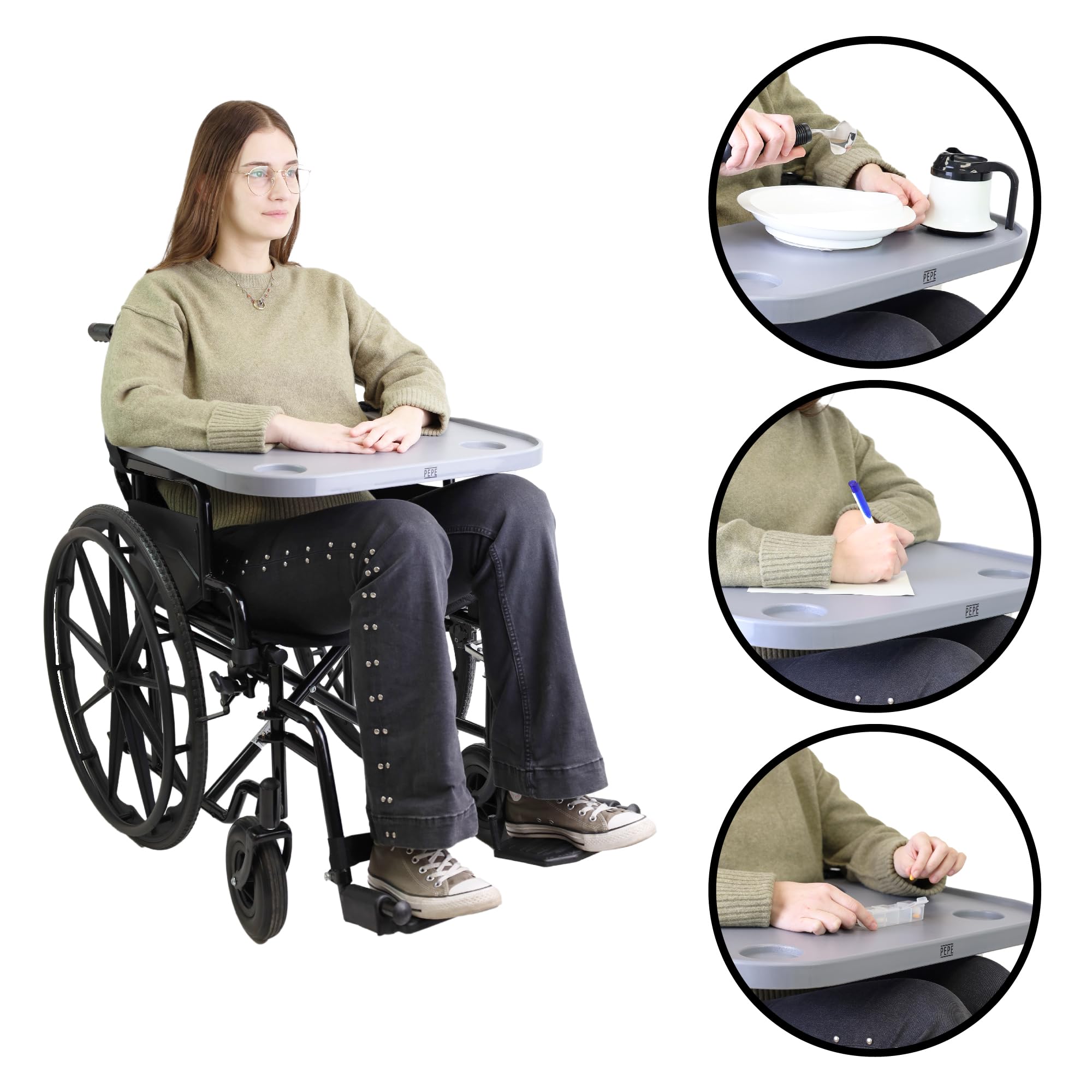 PEPE Mobility Tavolino per Sedia a Rotelle (Vassoio Rimovibile con Portabicchieri), Universale, Facile da Installare, Adulti e Disabili