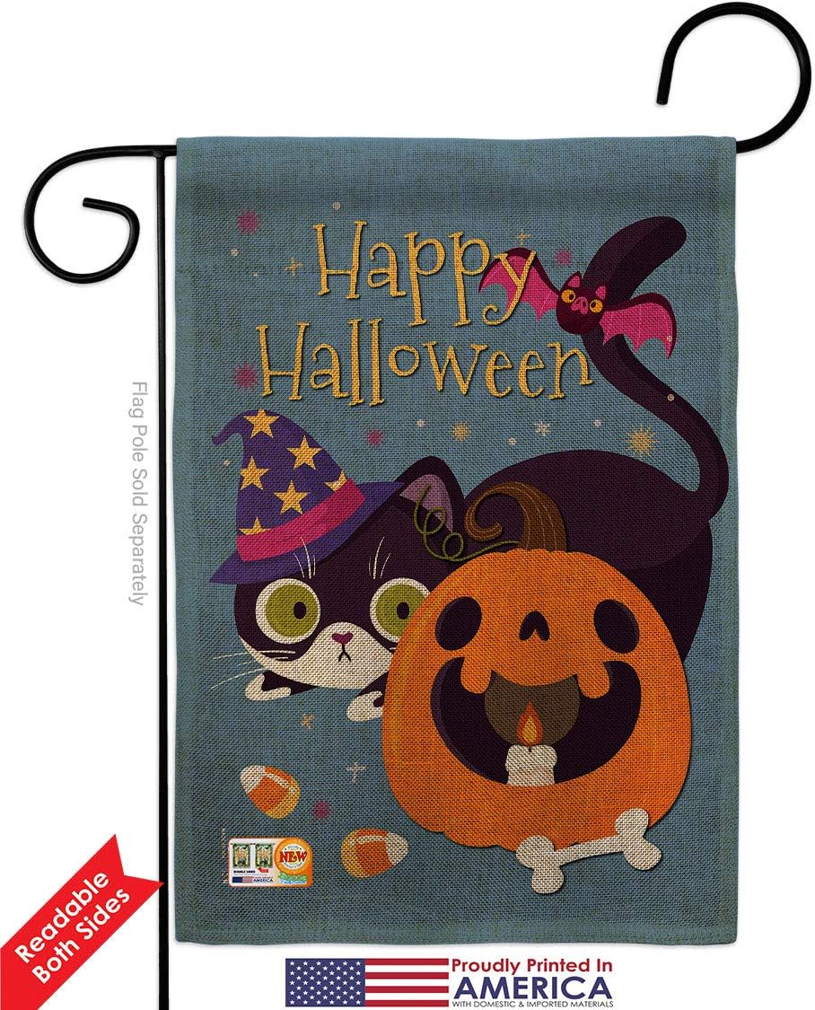 Witchy Cat Burlap Burlap Garden Flag Set Wood Dowel Falltime Halloween Witch Trick or Treat Spooky Night Black Season Autumntime Pumpkin Small Gift Yard House Banner Double-Sided Made In USA 13 X 18.5
