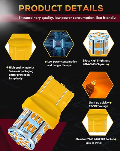 Miniatura 5 de UNXMRFF 7440 7443 Bombillas LED para luz intermitente, amarillo ámbar, superbrillante, 7441 7444 T20 W21W, bombilla LED para luces intermitentes,