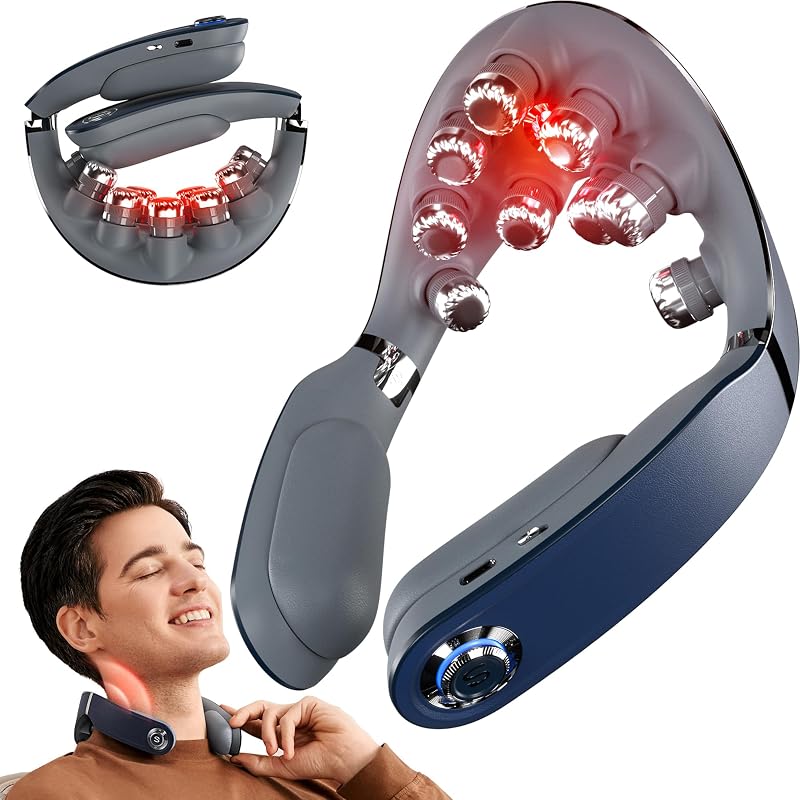 SKG Portable Neck Massager with Heat for Daily Stress and Tech Neck Relief | Vibration Massager, Innovative Foldable 3D Neck Massager for Desk Workers - Cordless Portable, Quiet Birthday Gifts for Men